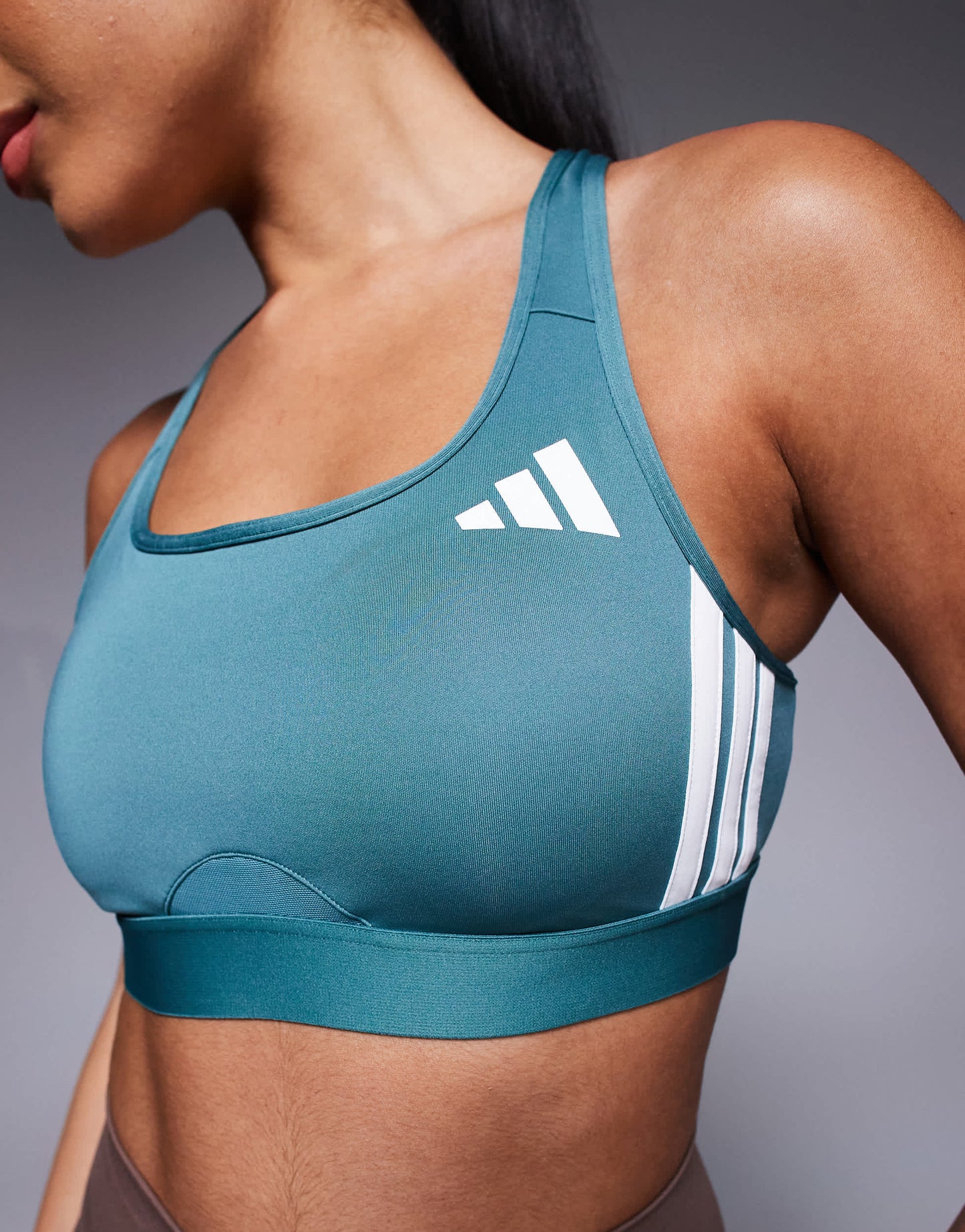 adidas Training 3 stripe mid support sports bra in teal and white