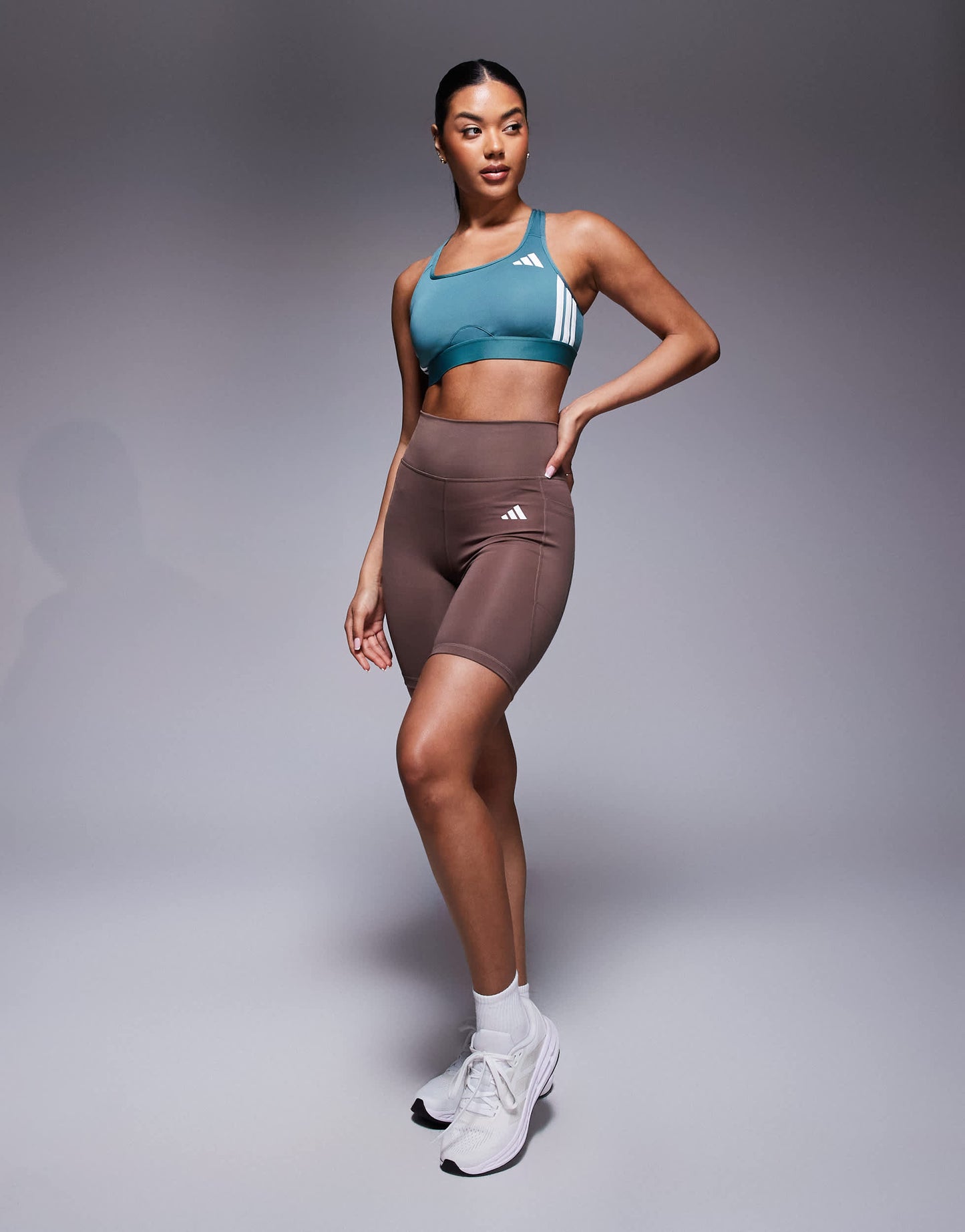 adidas Training 3 stripe mid support sports bra in teal and white