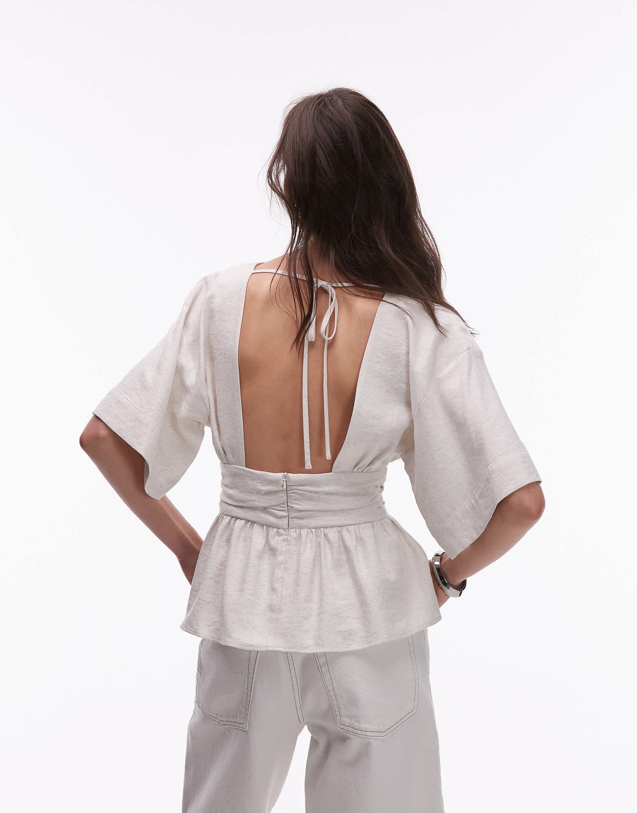 Topshop linen low back dropped waist top in natural