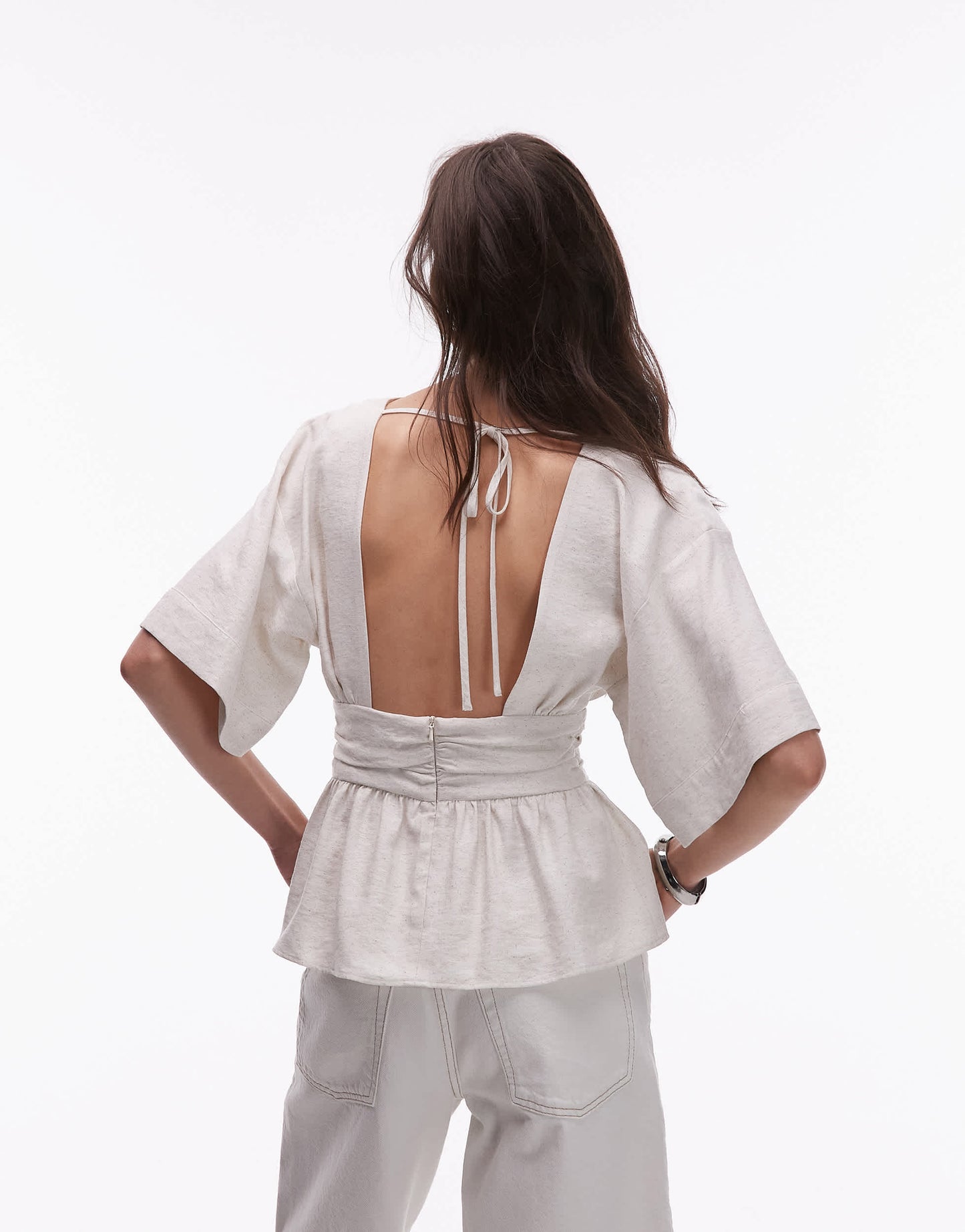 Topshop linen low back dropped waist top in natural