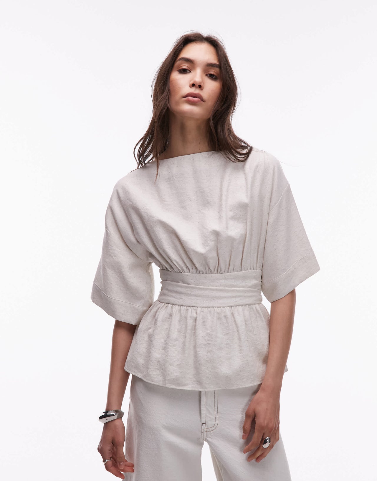 Topshop linen low back dropped waist top in natural