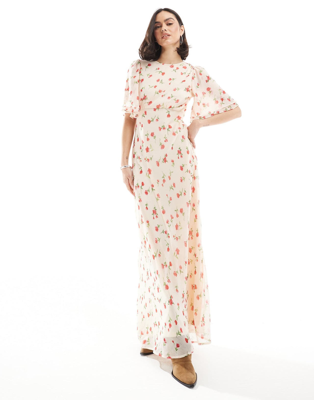 Wednesday's Girl floral print high neck ruffle sleeve maxi dress in cream
