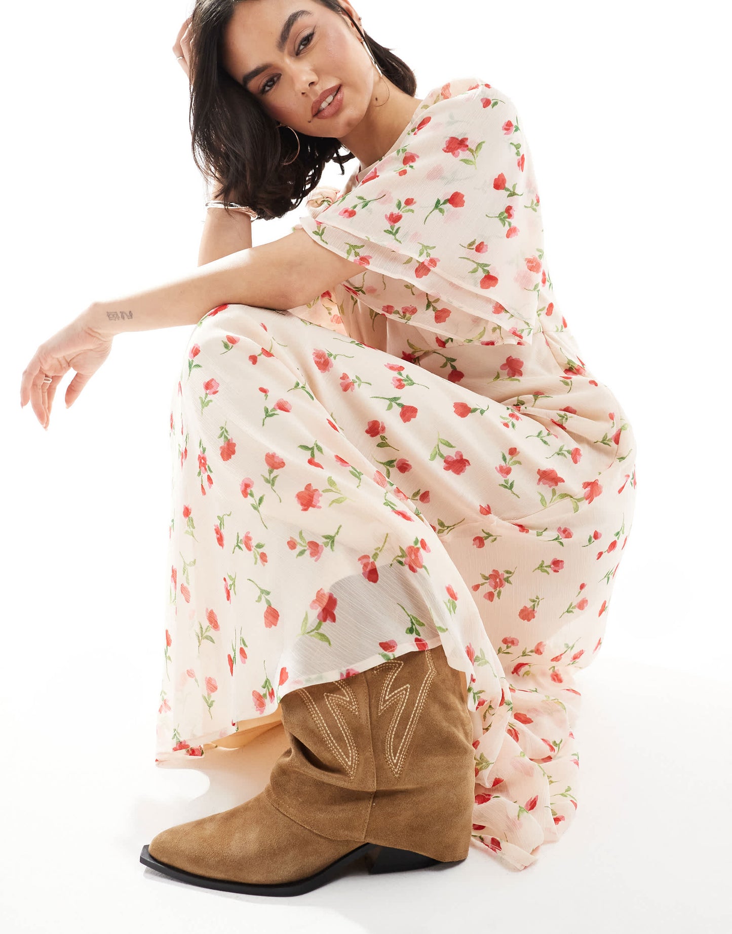 Wednesday's Girl floral print high neck ruffle sleeve maxi dress in cream