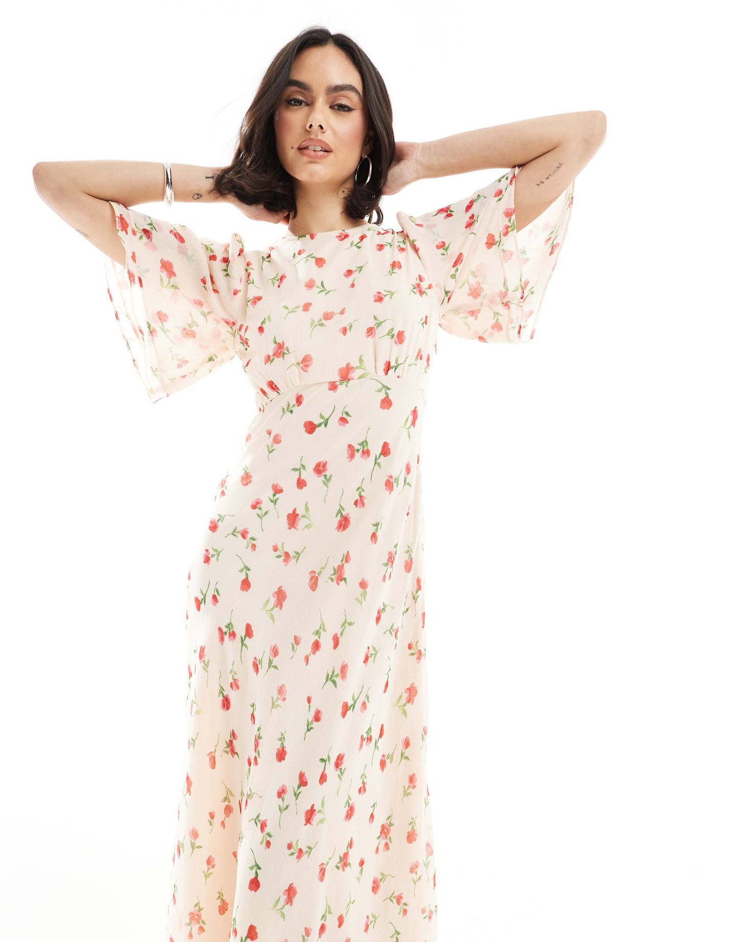 Wednesday's Girl floral print high neck ruffle sleeve maxi dress in cream