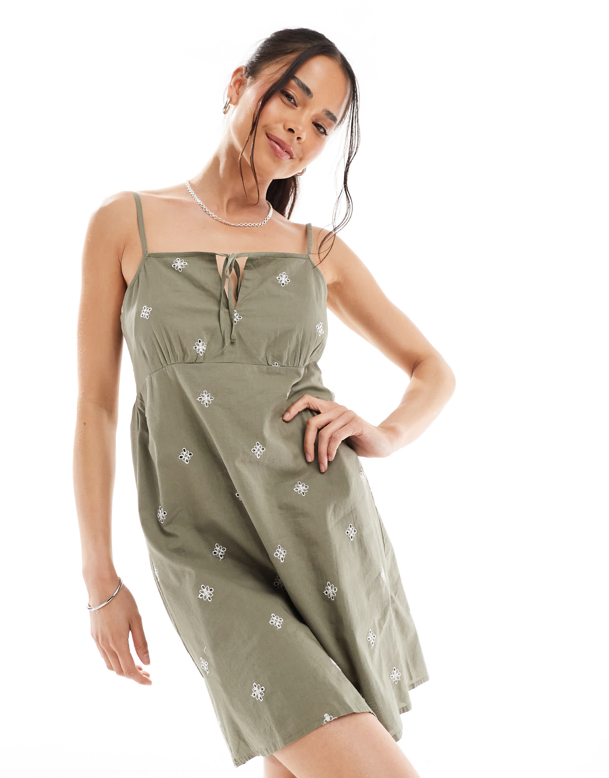 ONLY embroidered detail mini cami dress in khaki
