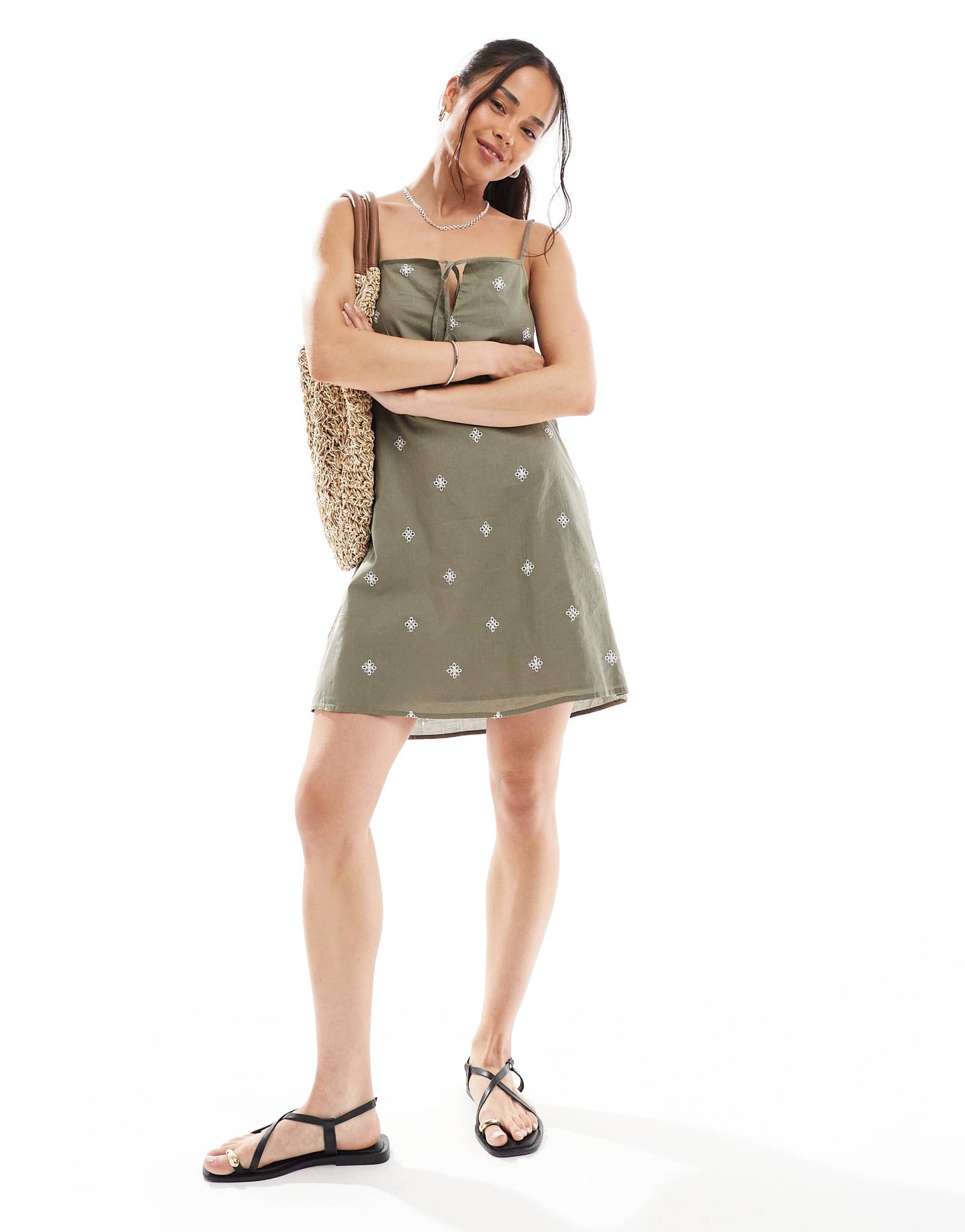 ONLY embroidered detail mini cami dress in khaki