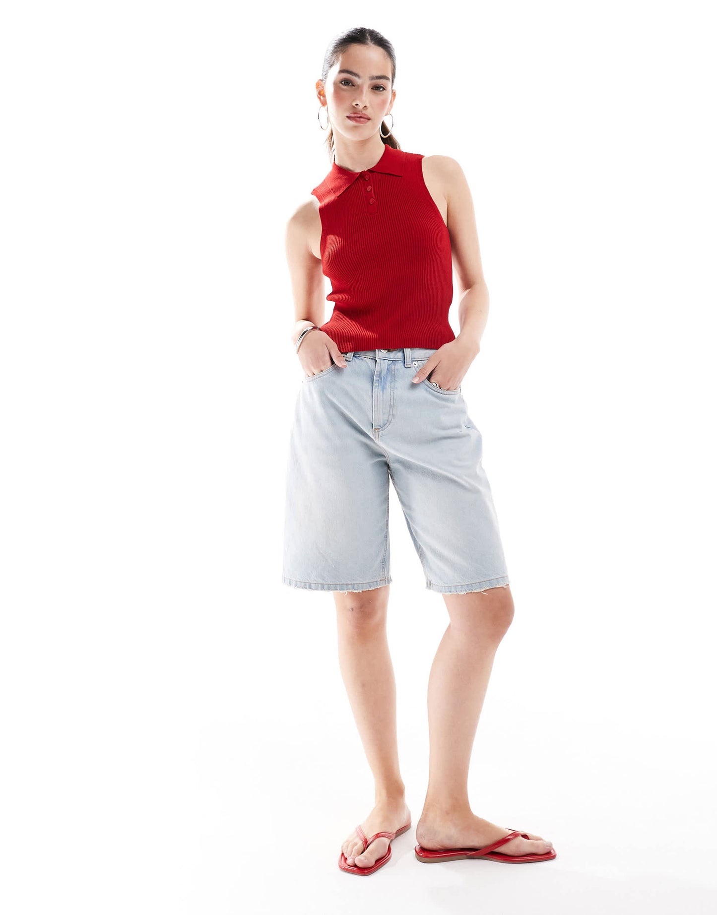 ONLY sleeveless knitted polo top in red