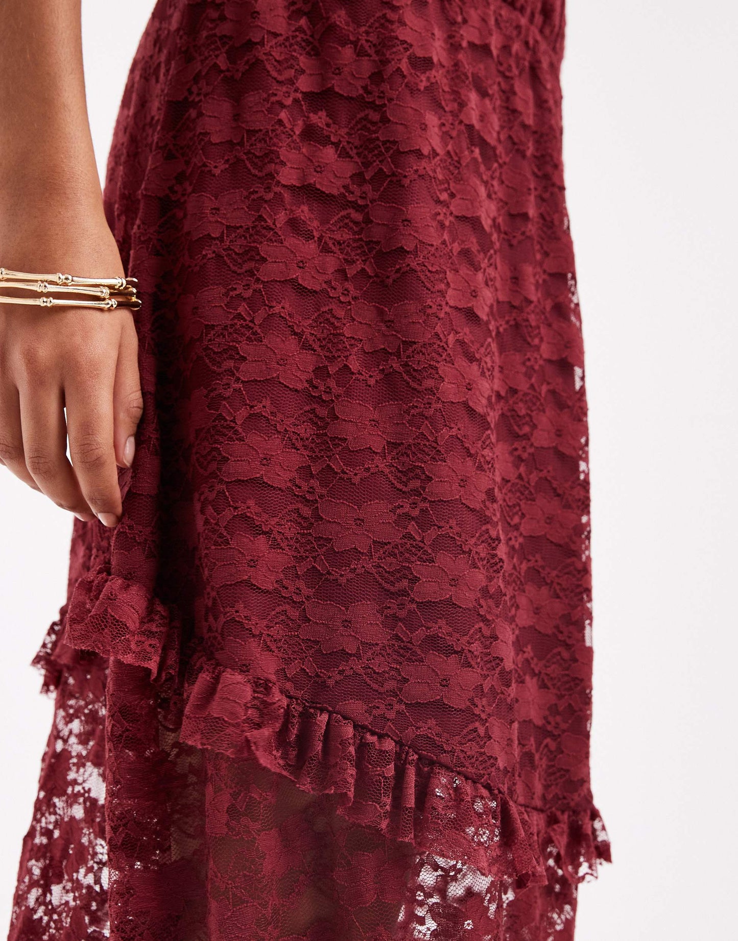 ONLY tiered lace maxi skirt in burgundy