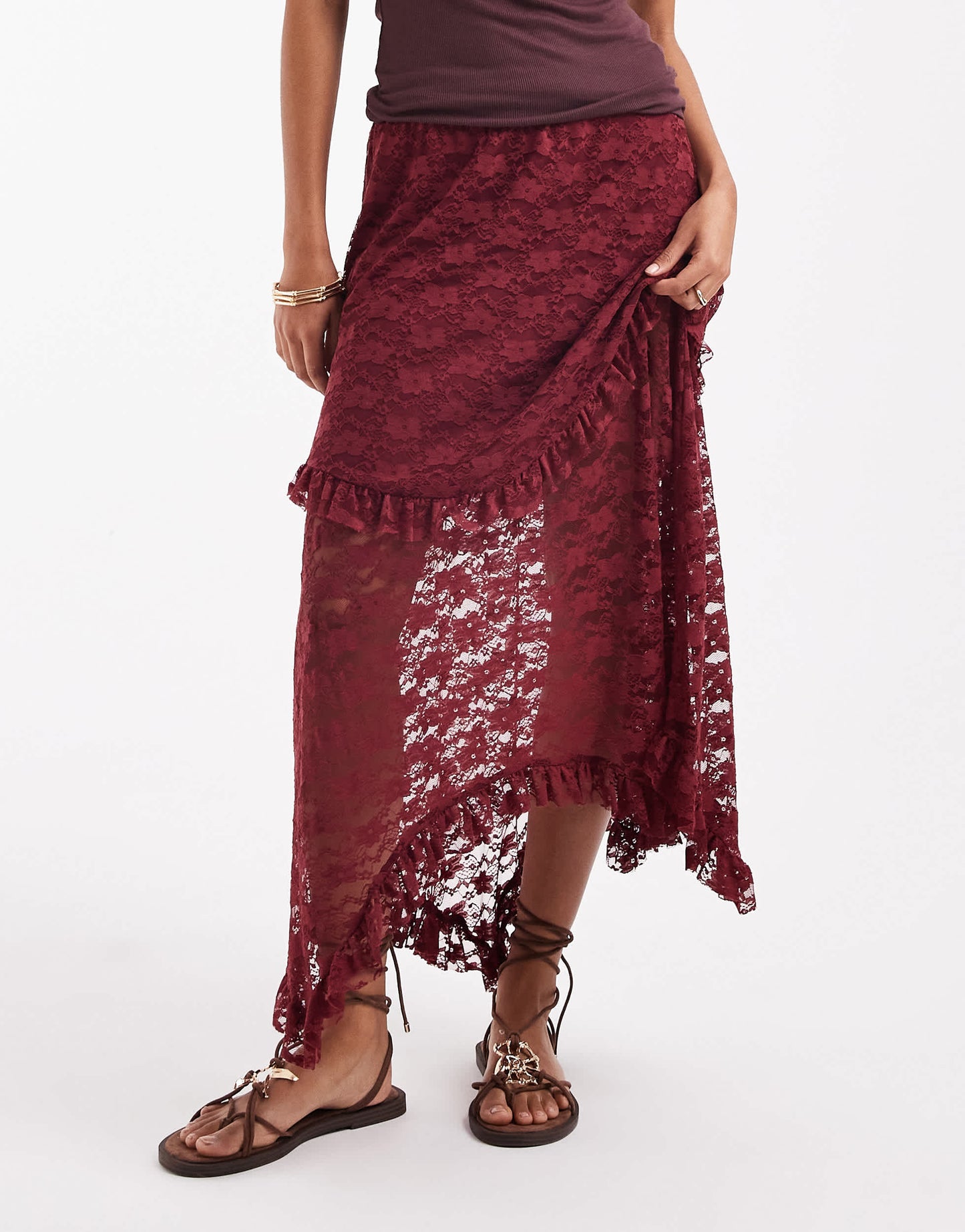 ONLY tiered lace maxi skirt in burgundy
