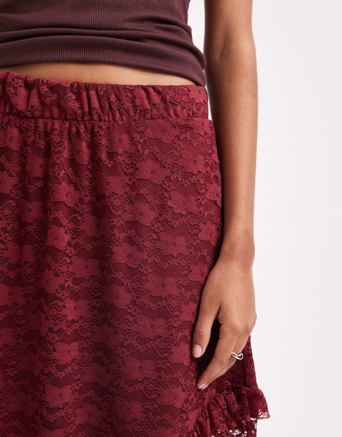 ONLY tiered lace maxi skirt in burgundy