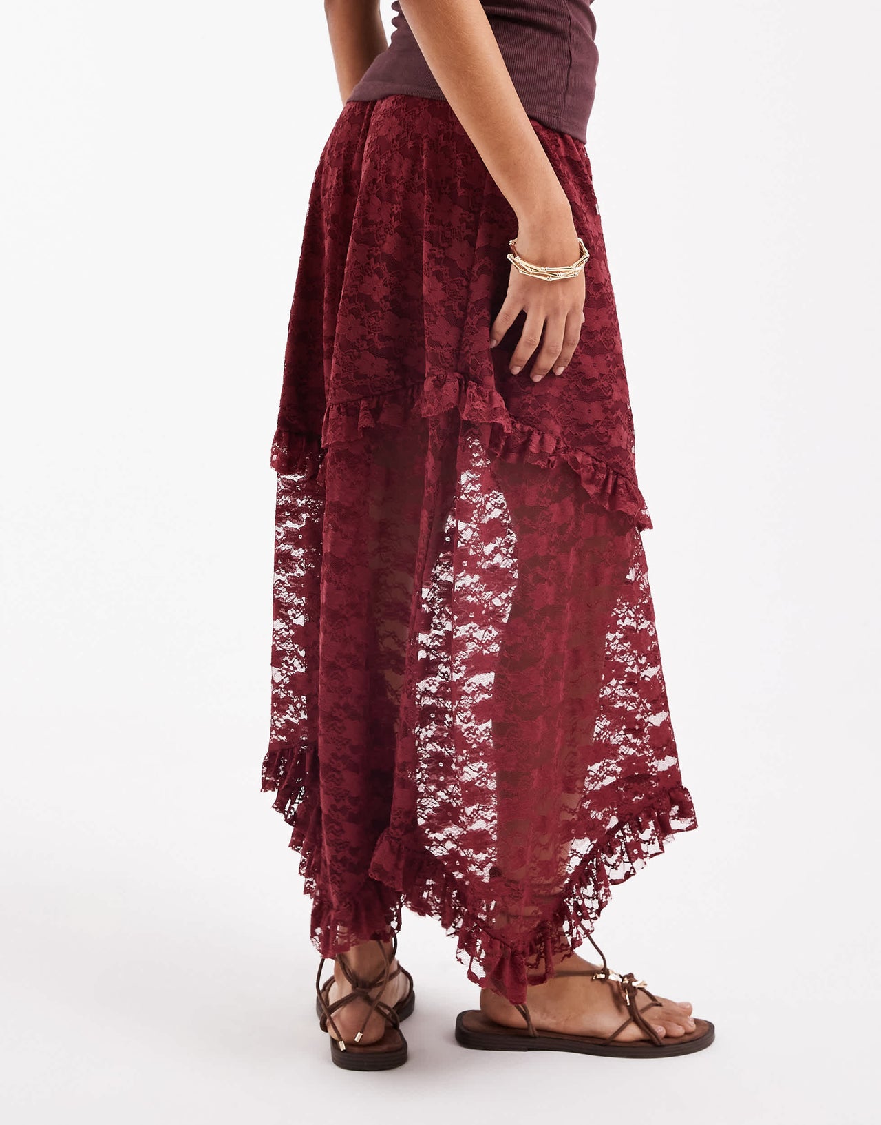 ONLY tiered lace maxi skirt in burgundy
