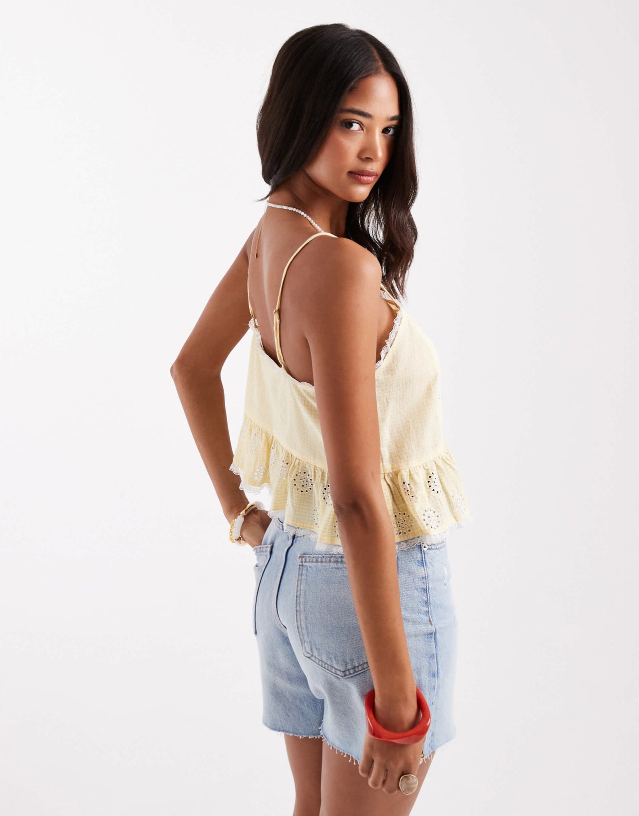 ONLY broderie crop cami in lemon gingham with lace trim