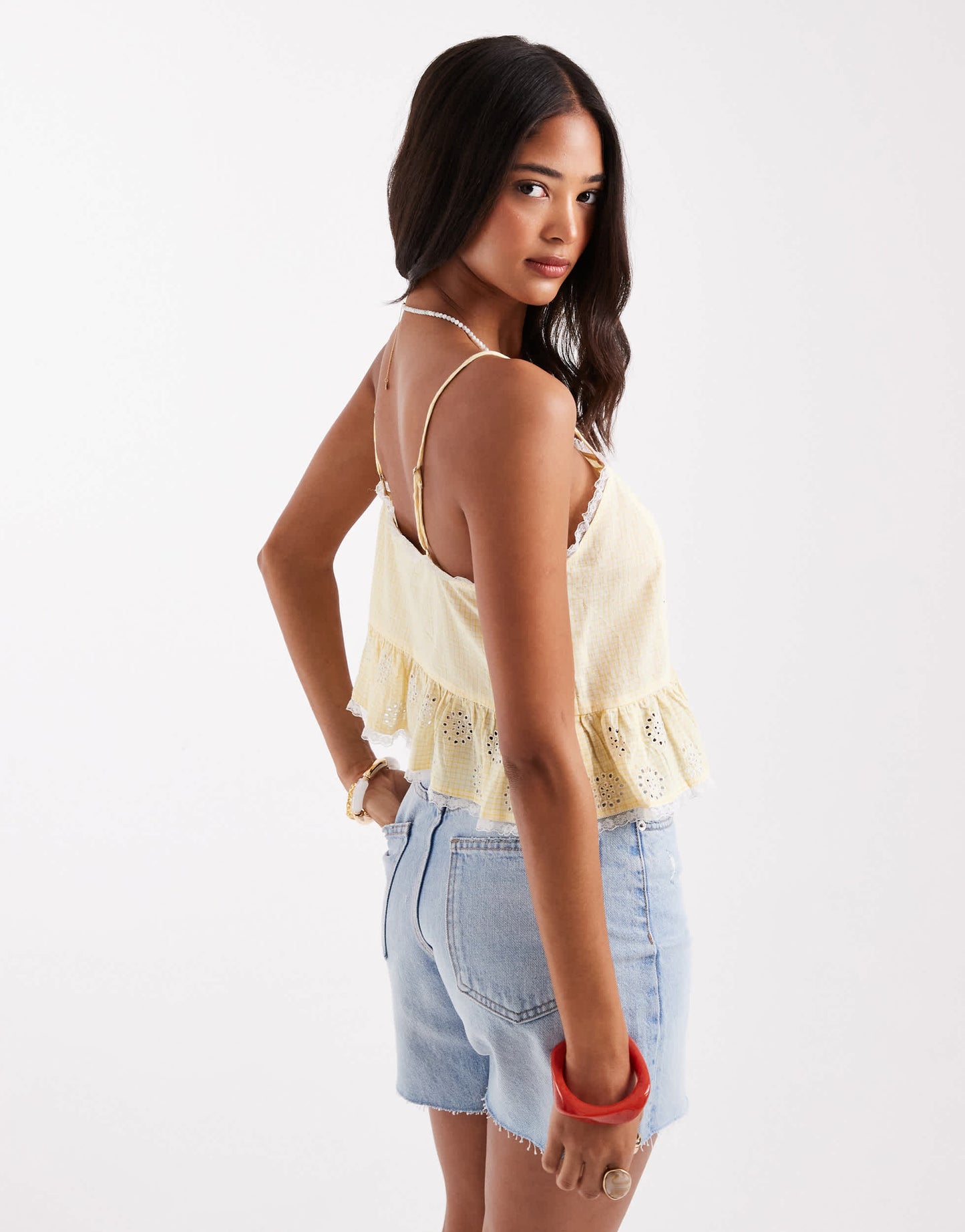 ONLY broderie crop cami in lemon gingham with lace trim