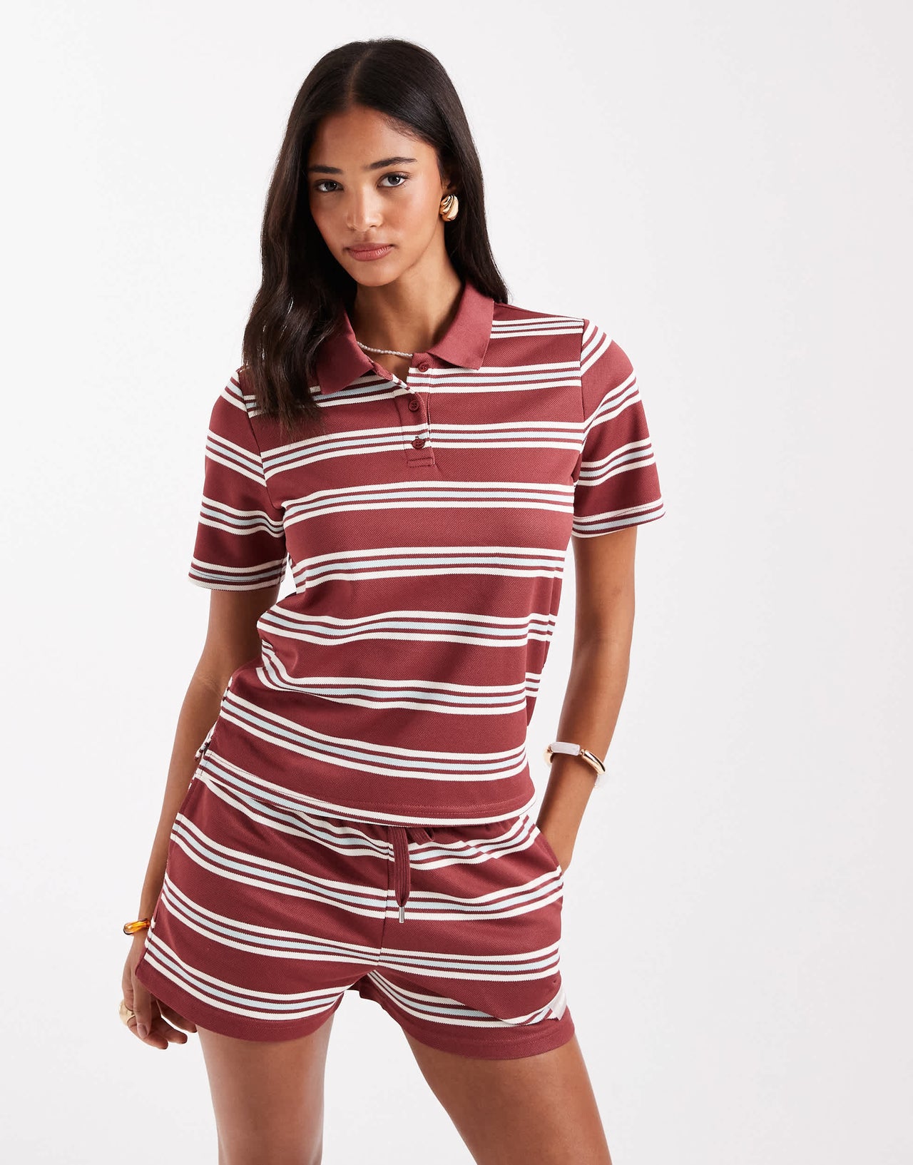 ONLY textured polo co-ord in burgundy with white stripe