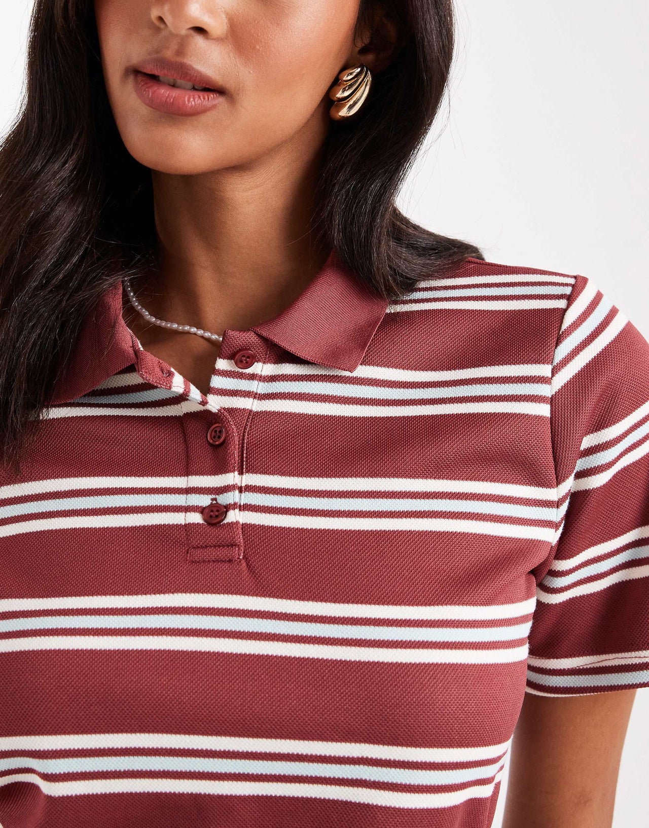 ONLY textured polo co-ord in burgundy with white stripe