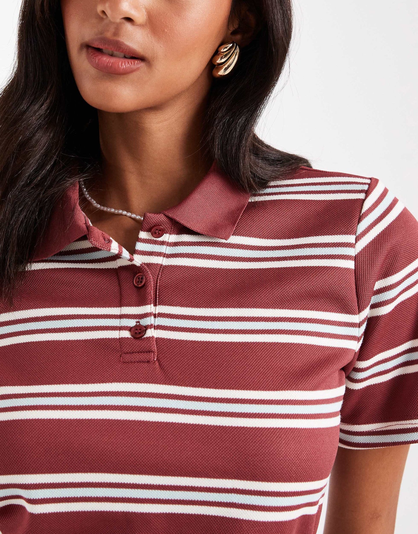 ONLY textured polo co-ord in burgundy with white stripe