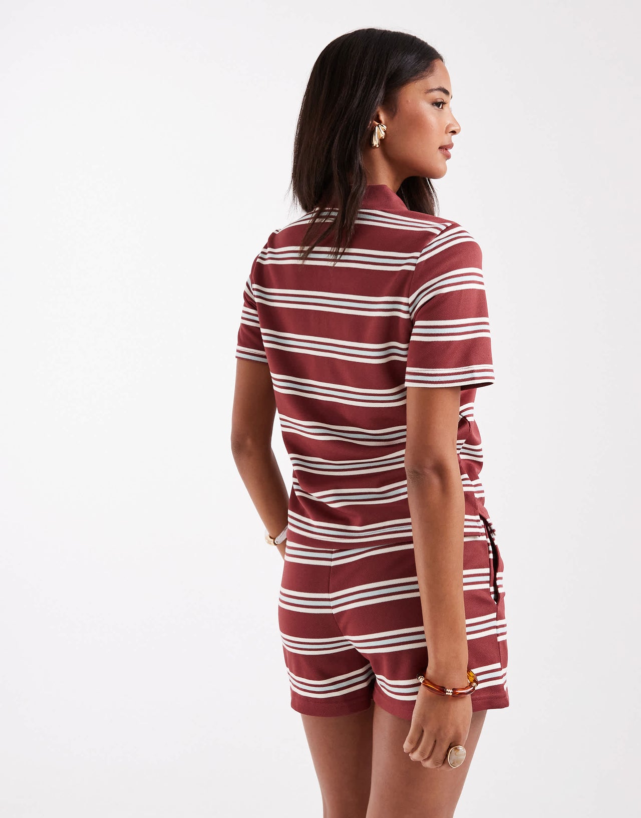 ONLY textured polo co-ord in burgundy with white stripe