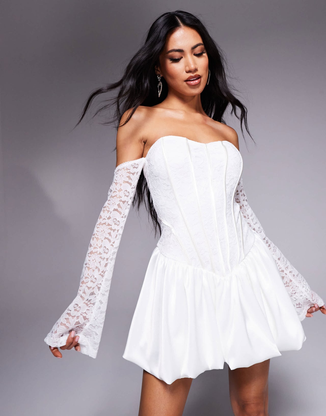 Jaded Rose long sleeve drop hem lace mini dress in white