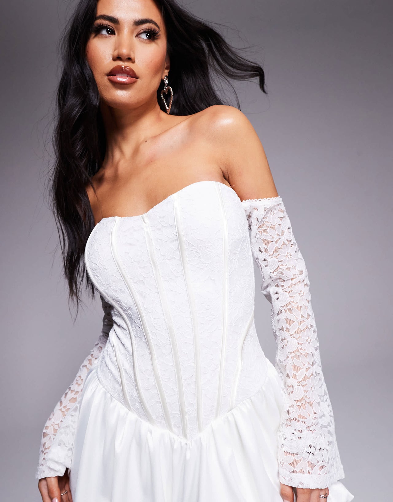 Jaded Rose long sleeve drop hem lace mini dress in white