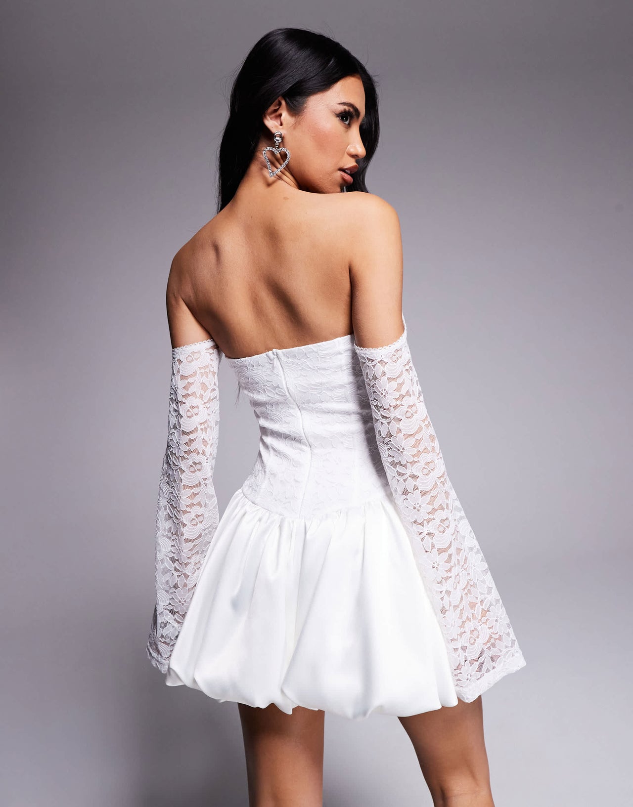 Jaded Rose long sleeve drop hem lace mini dress in white