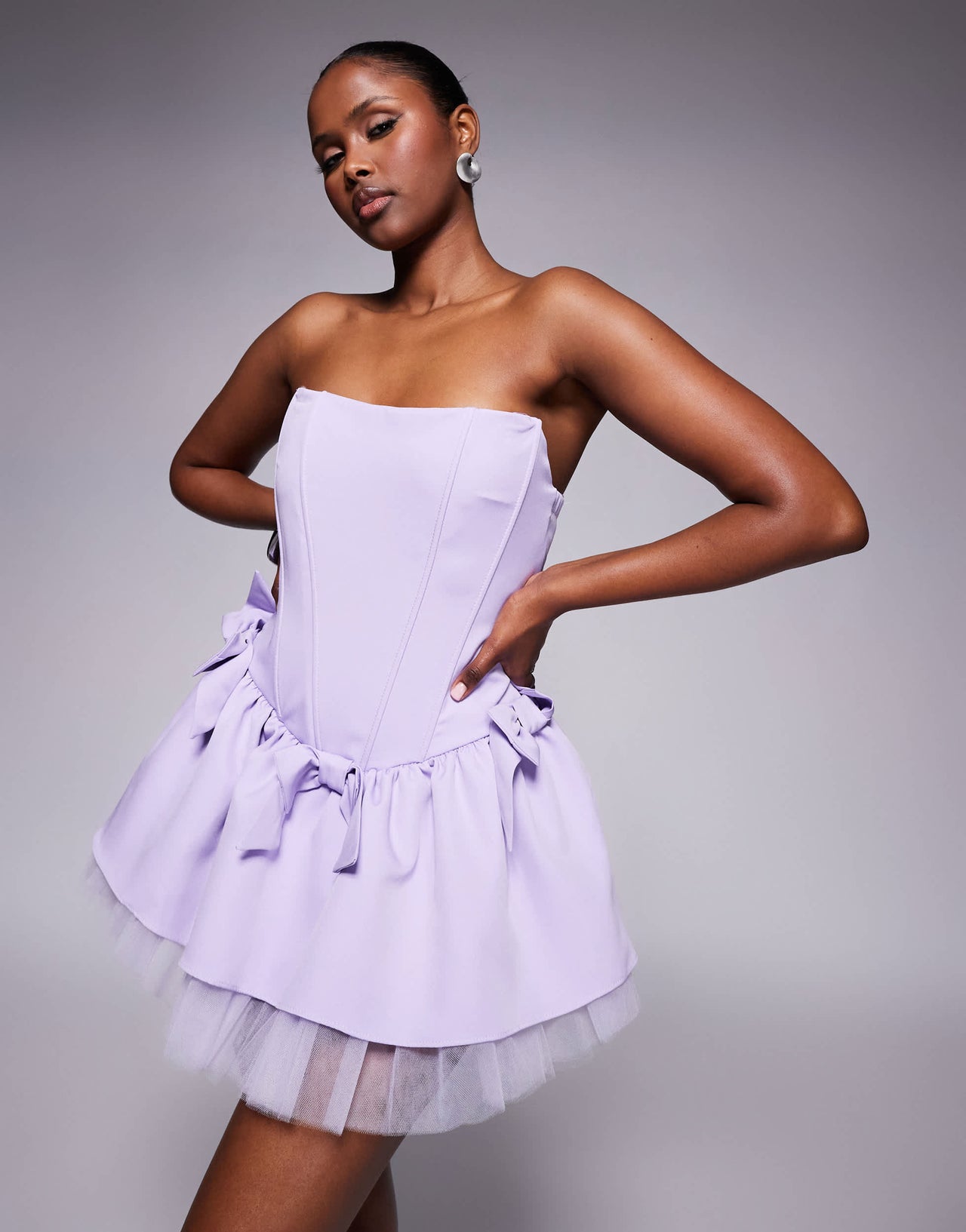 Jaded Rose corseted bow mini dress in lilac