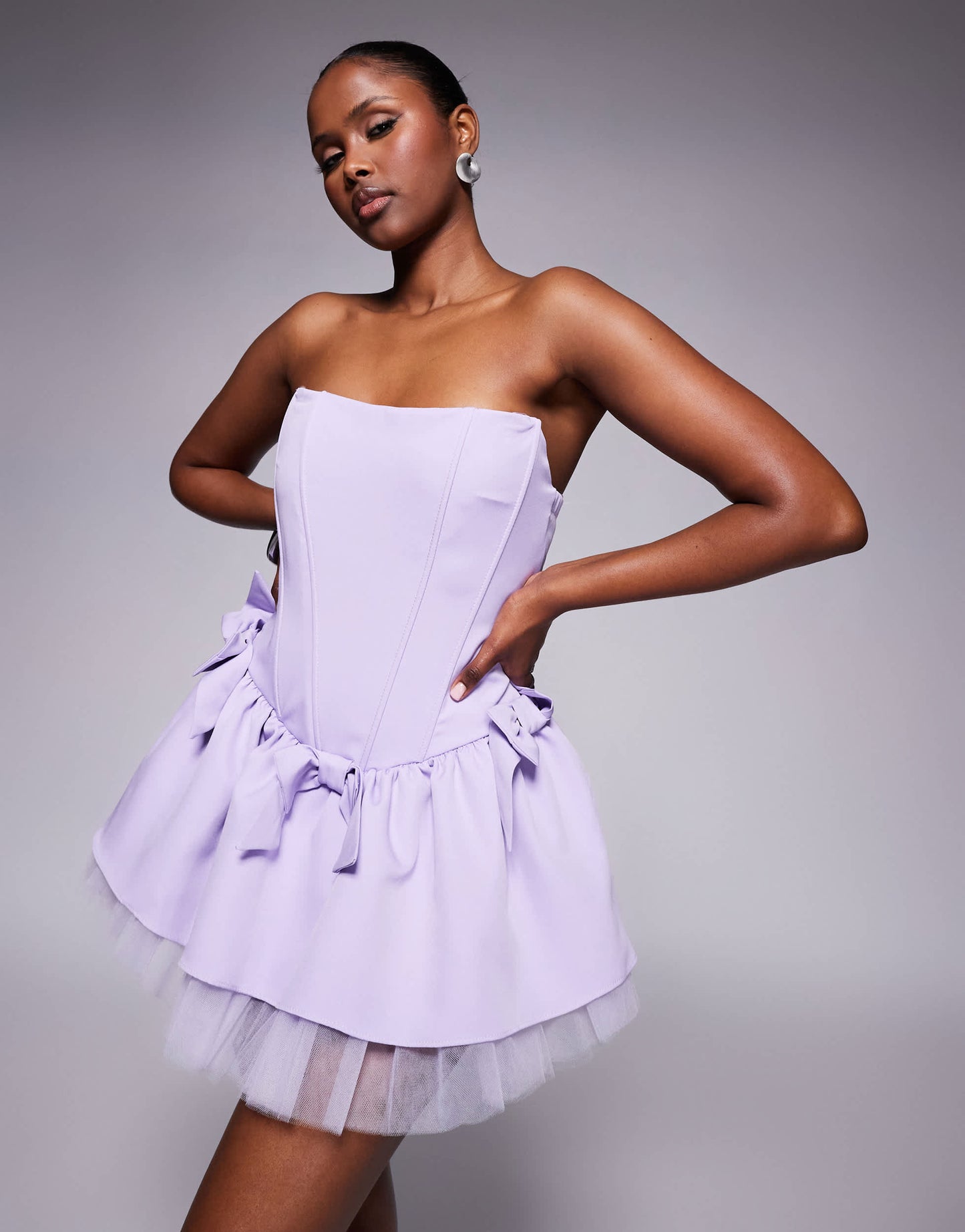 Jaded Rose corseted bow mini dress in lilac