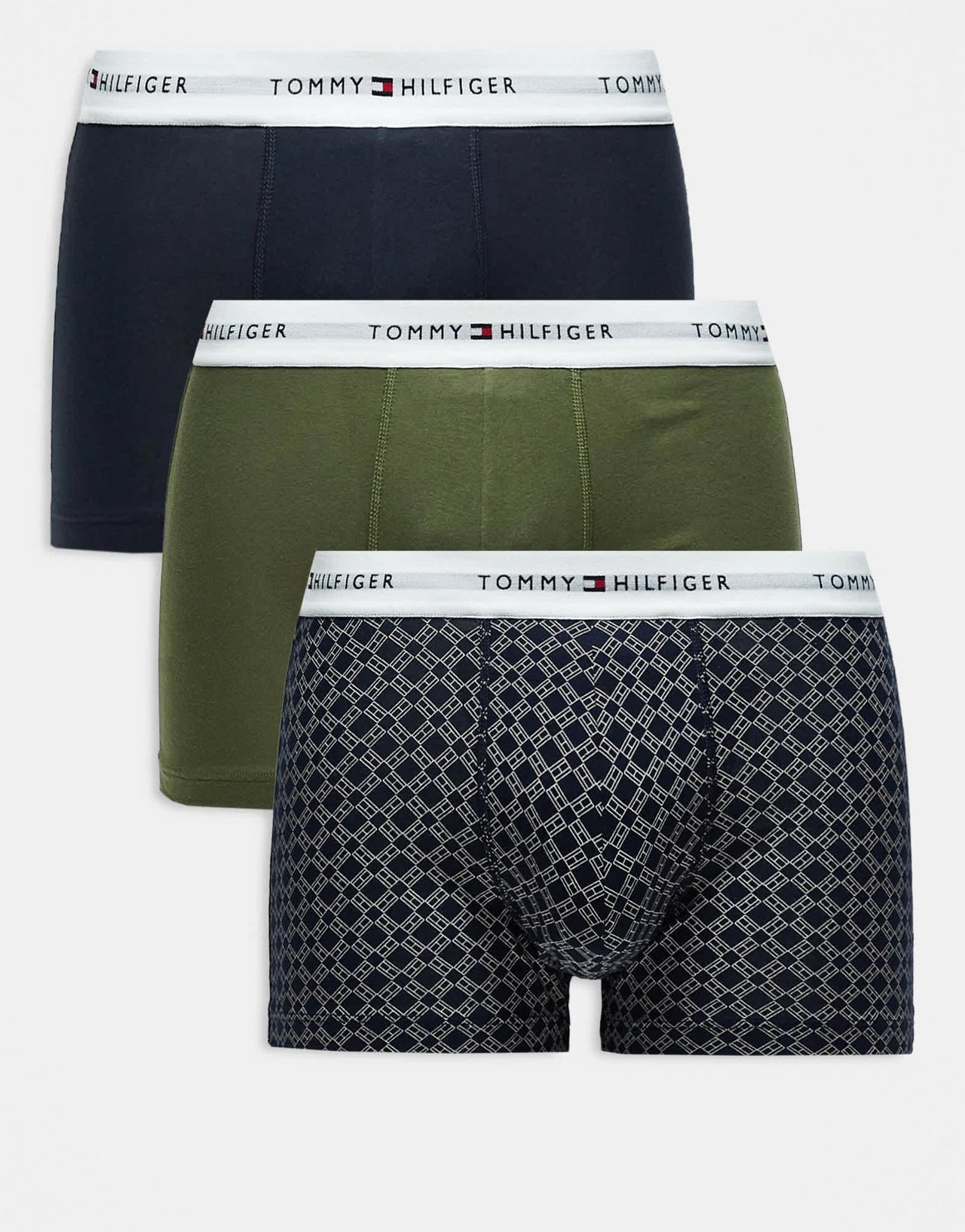 Tommy Hilfiger 3 pack trunks in navy, khaki and geo print