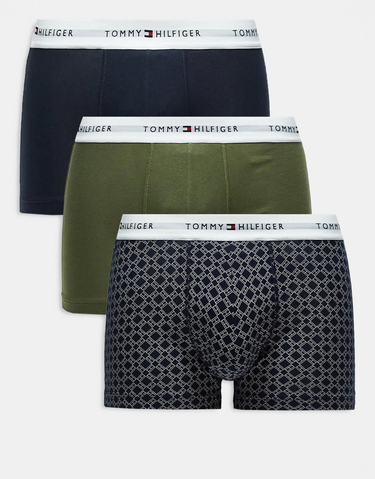 Tommy Hilfiger 3 pack trunks in navy, khaki and geo print