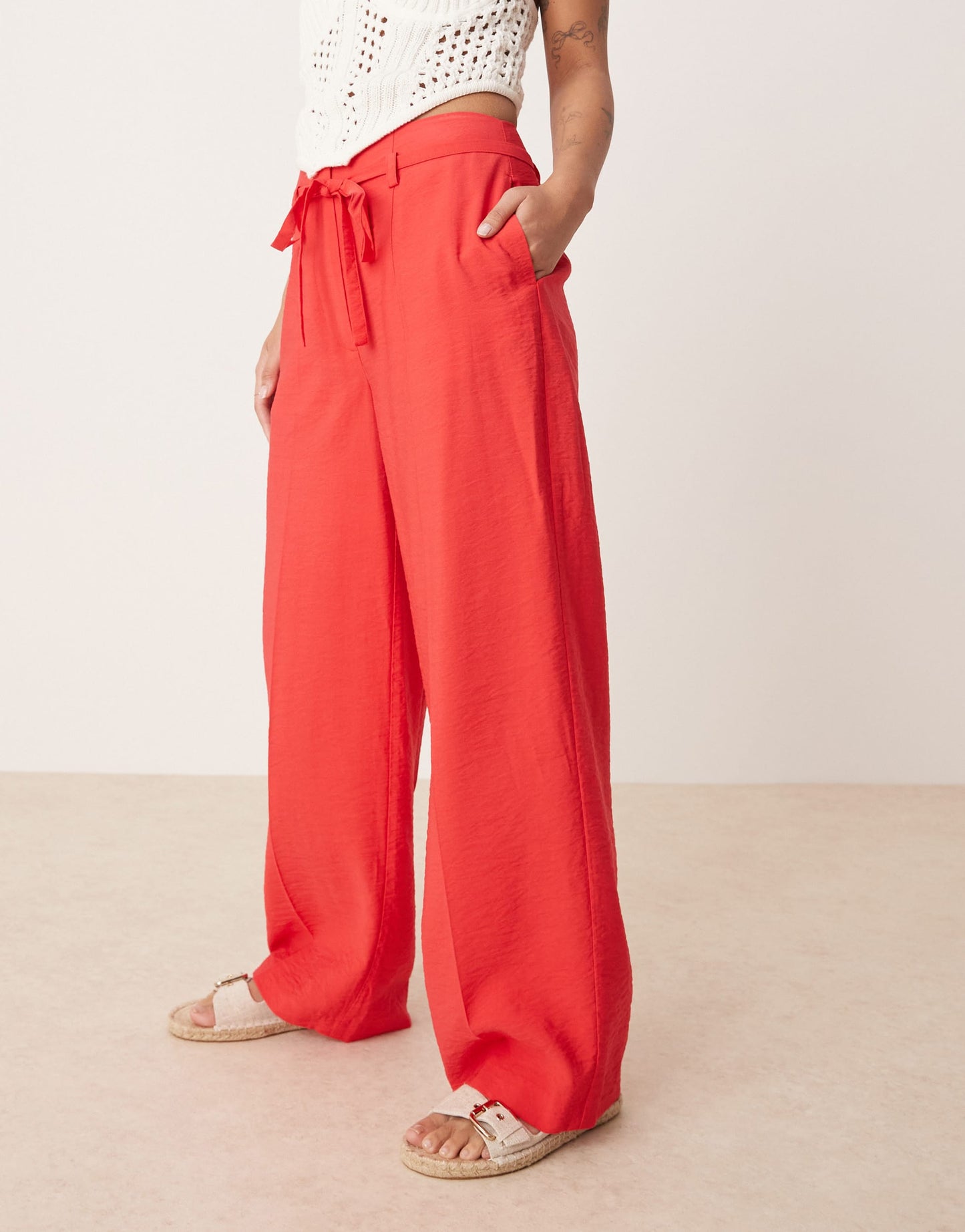 ASOS DESIGN Petite tailored wide leg trousers co-ord with tie belt in red
