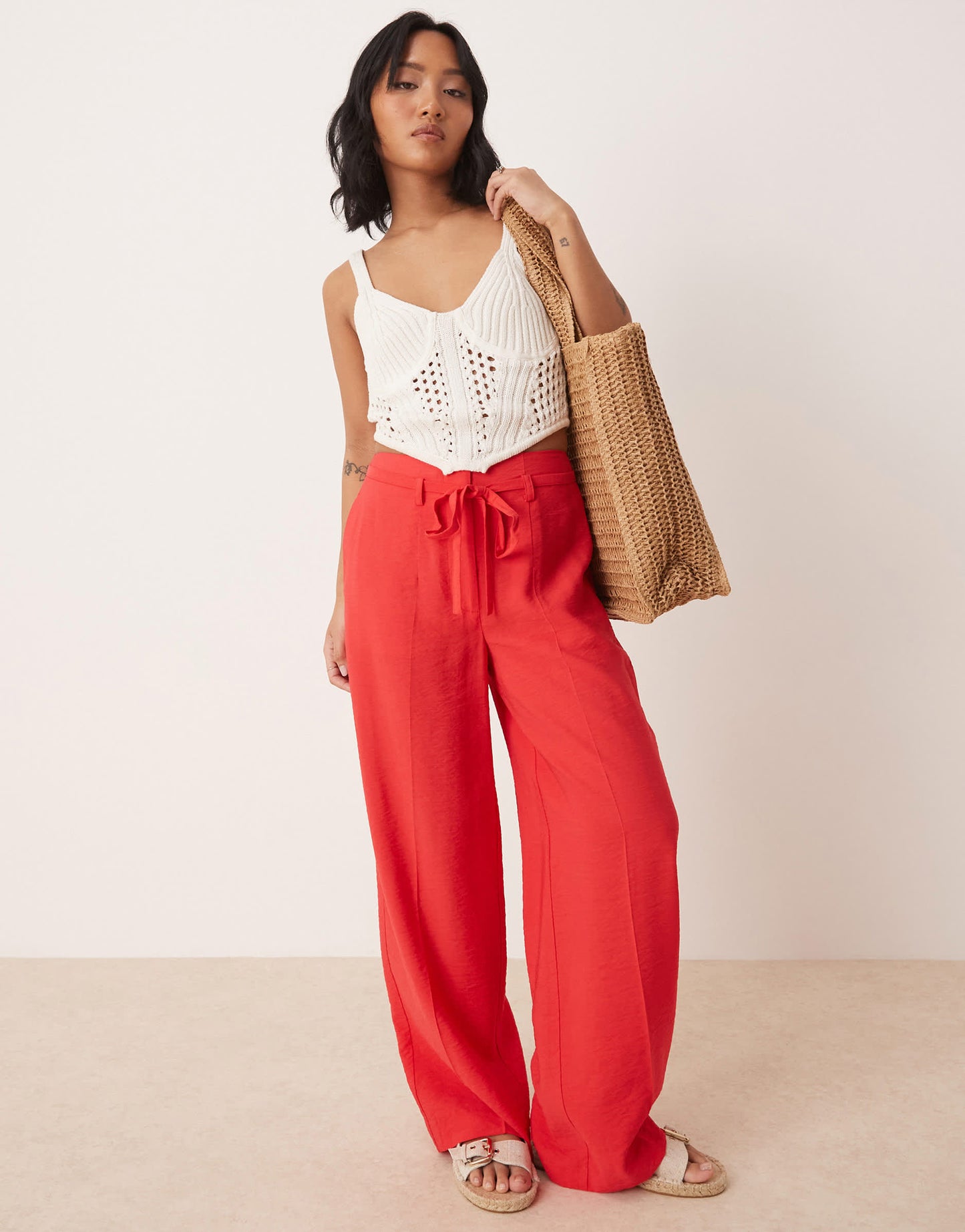 ASOS DESIGN Petite tailored wide leg trousers co-ord with tie belt in red