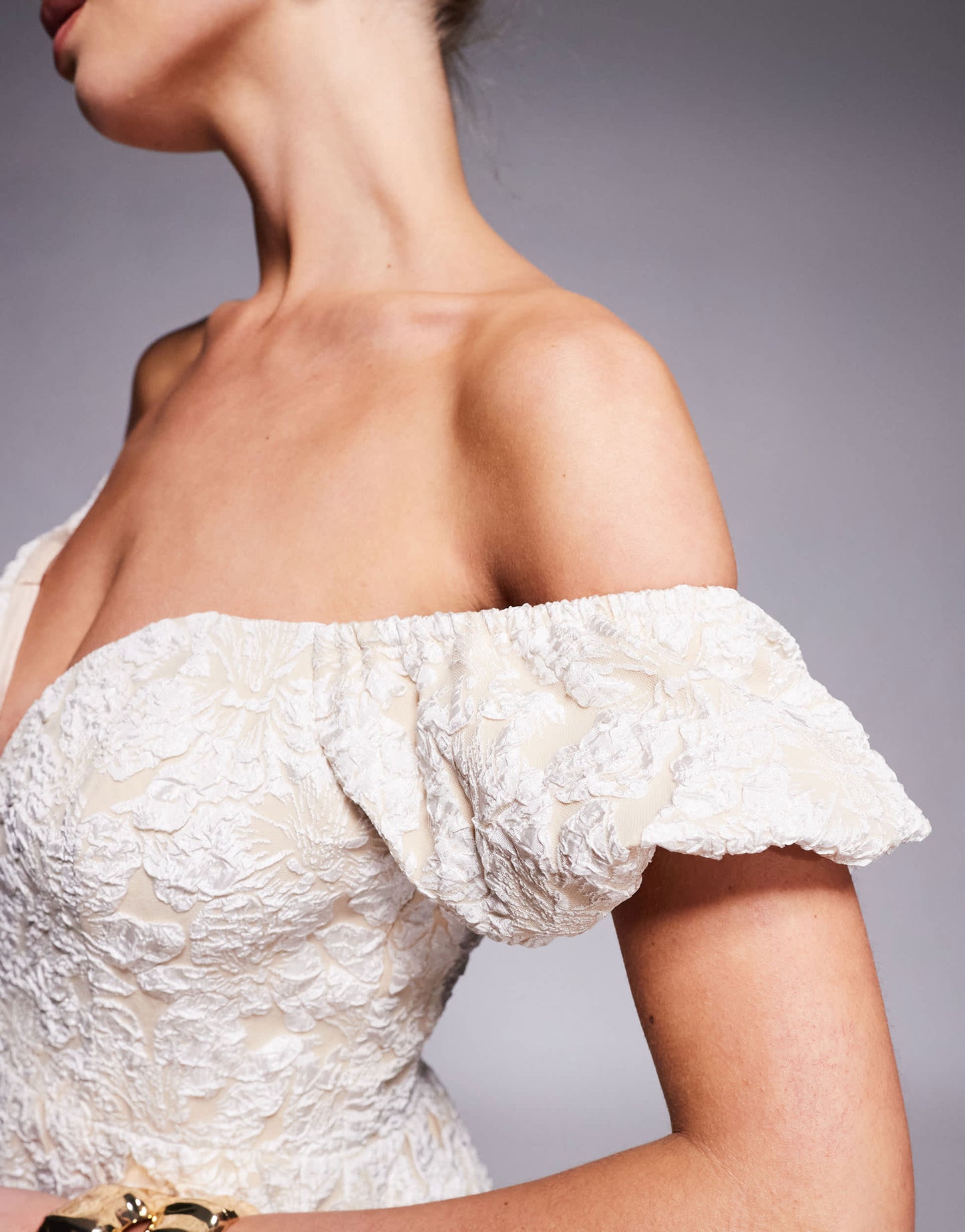 Lulu's off shoulder puff sleeve jacquard mini dress in ivory