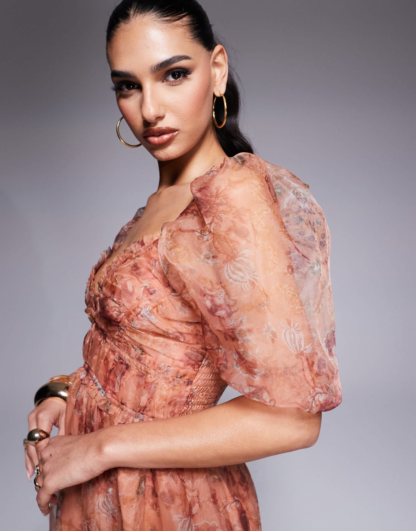 Lulus sheer sleeve organza maxi dress in rusty rose floral