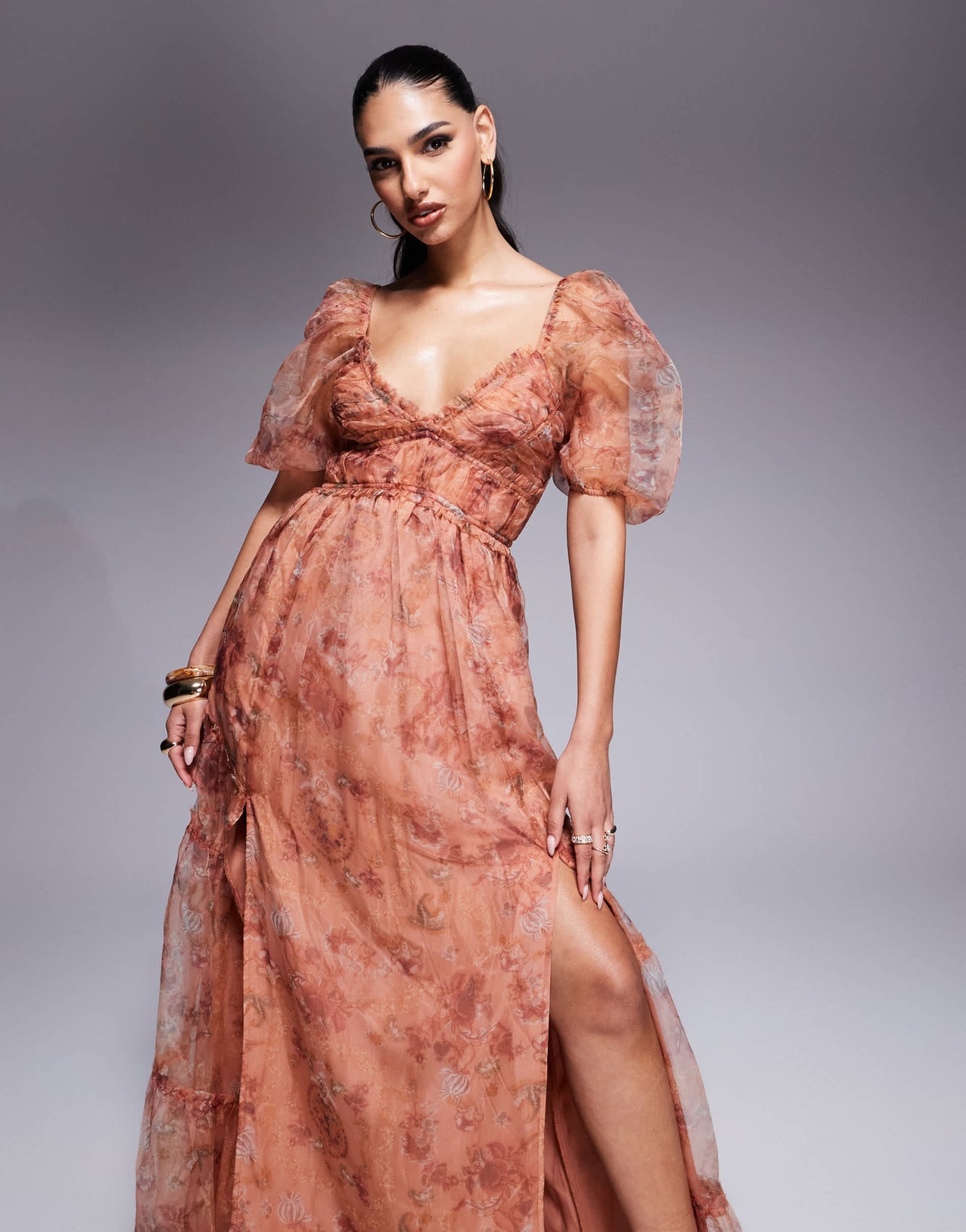 Lulus sheer sleeve organza maxi dress in rusty rose floral