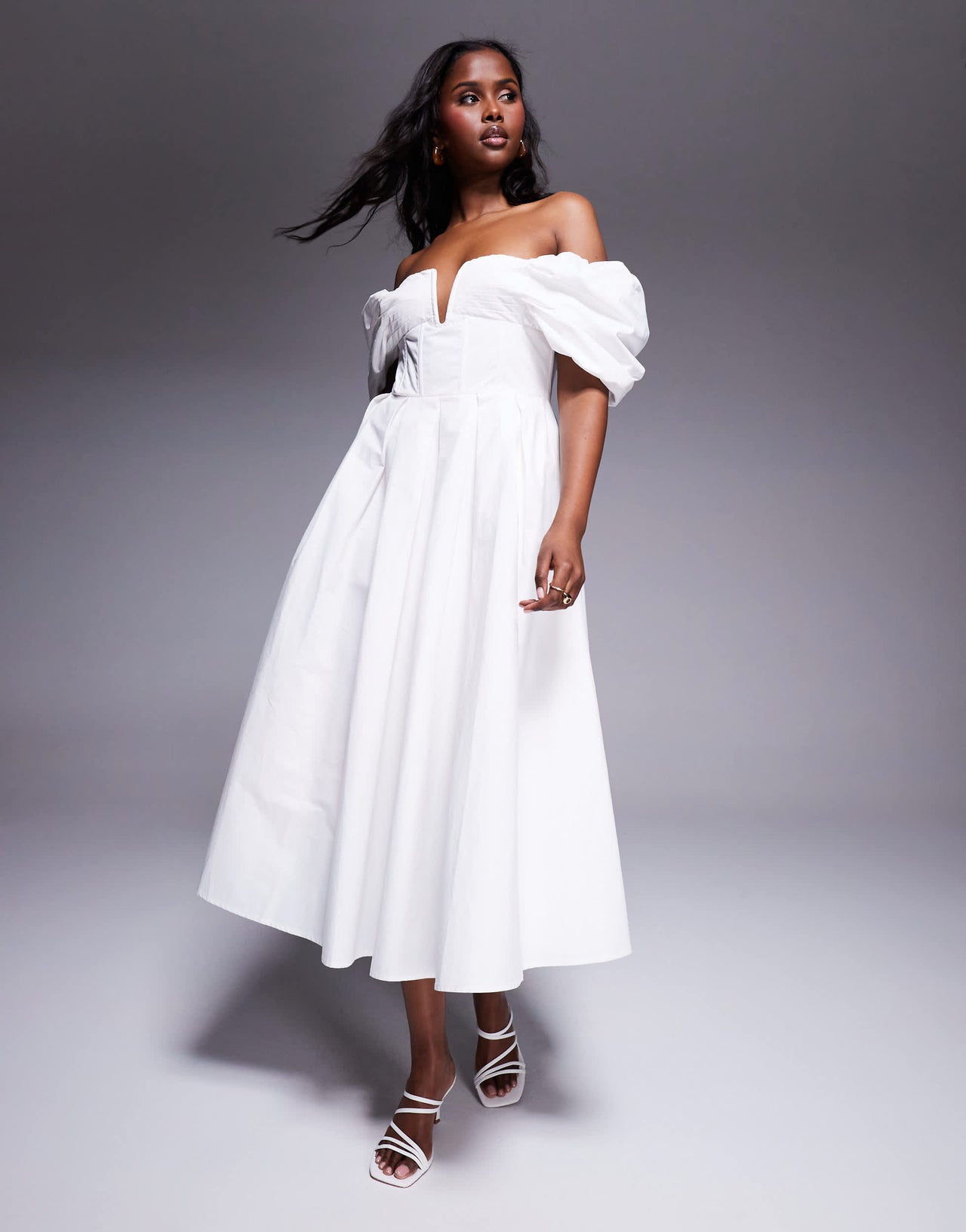 Lulu's bardot cotton poplin midi dress in ivory