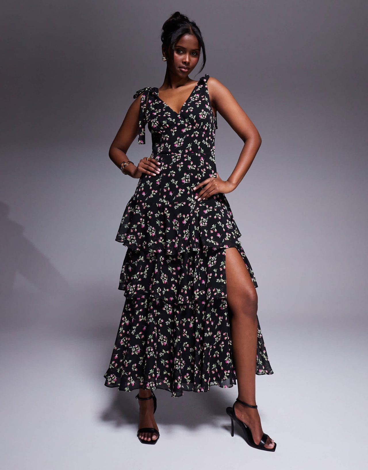 Lulu's asymmetric ruffle midaxi dress in black floral