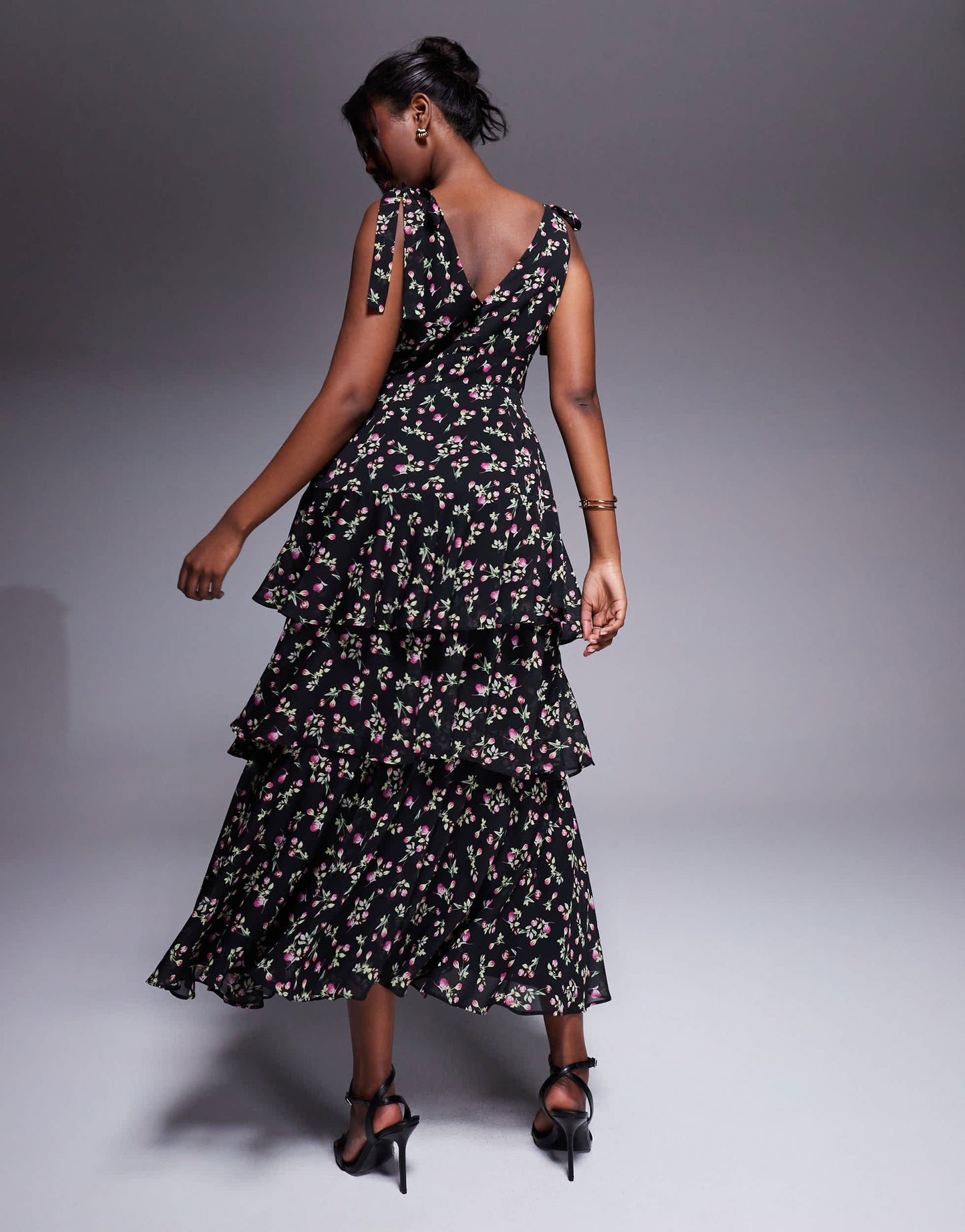 Lulu's asymmetric ruffle midaxi dress in black floral