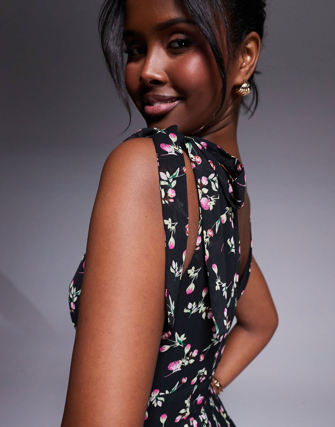 Lulu's asymmetric ruffle midaxi dress in black floral