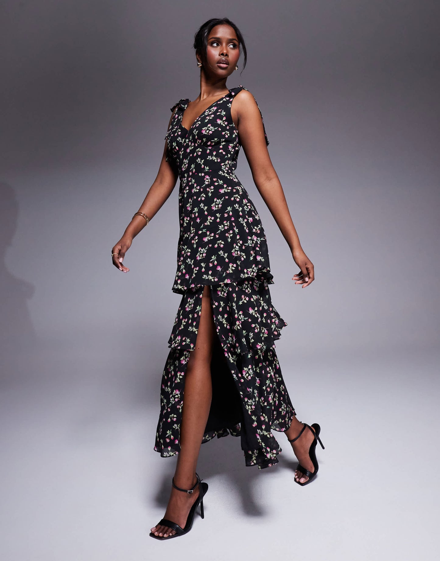 Lulu's asymmetric ruffle midaxi dress in black floral
