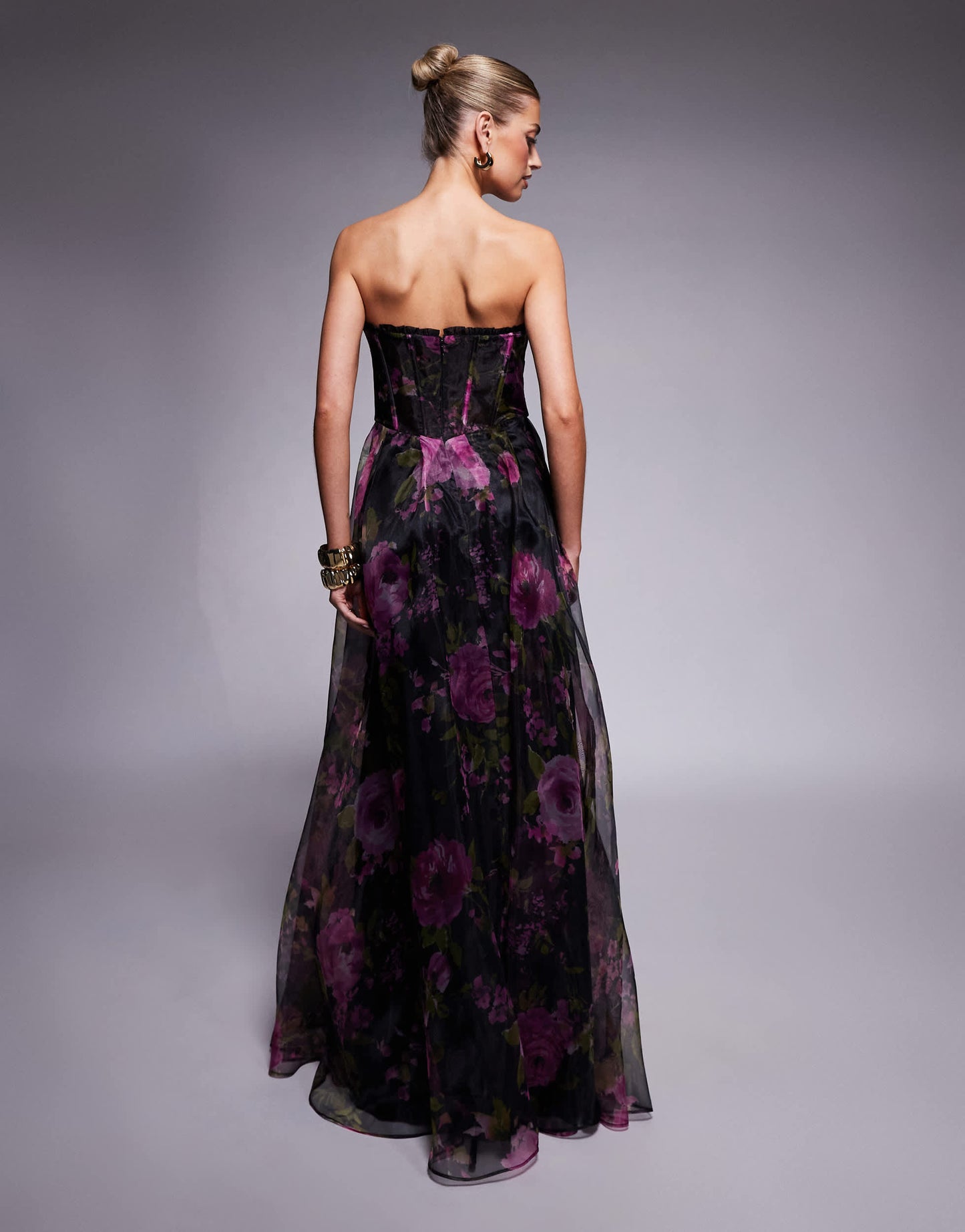 Lulu's strapless corset maxi dress in black and fuchsia floral