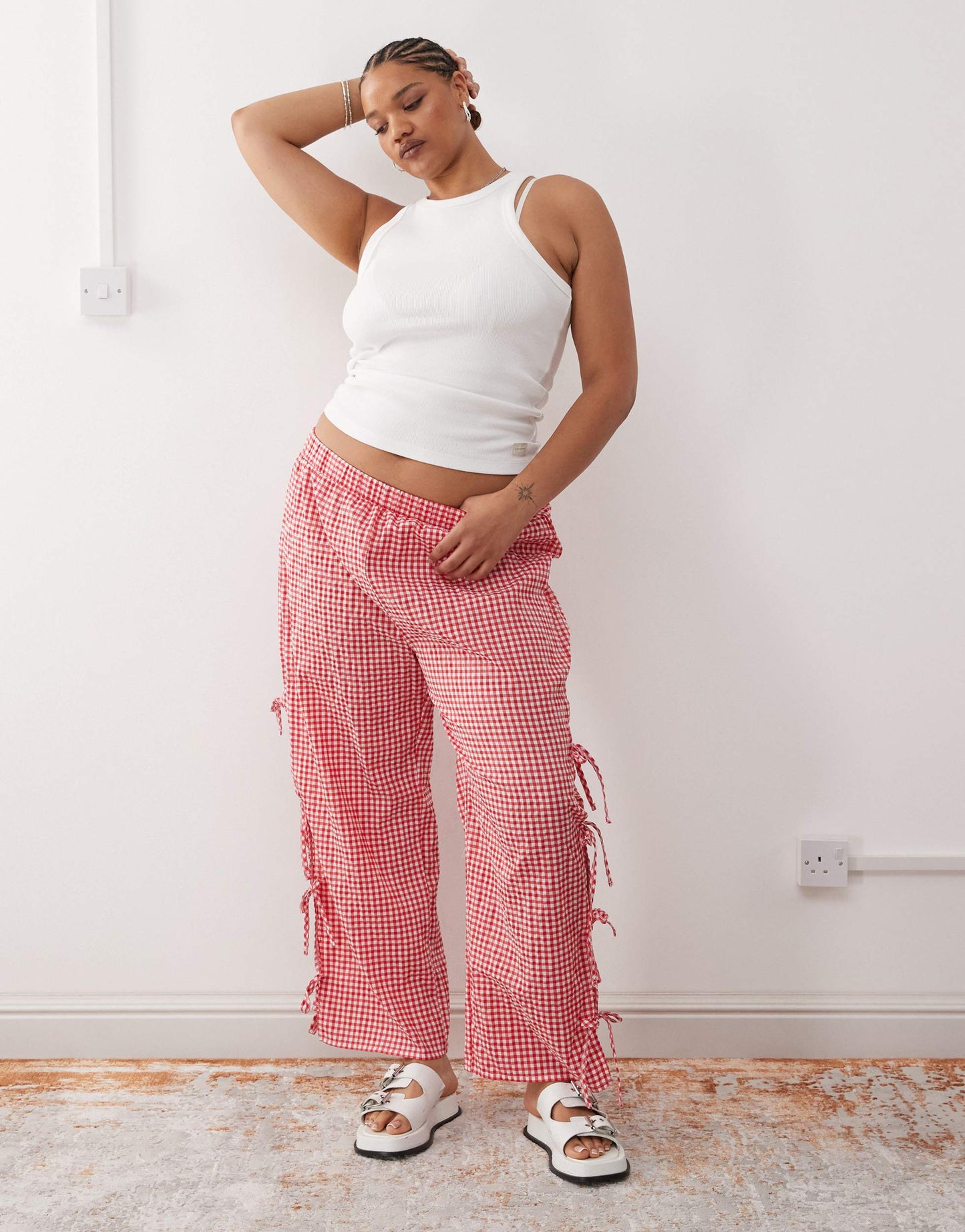 Noisy May Curve wide leg tie detail trouser in red gingham