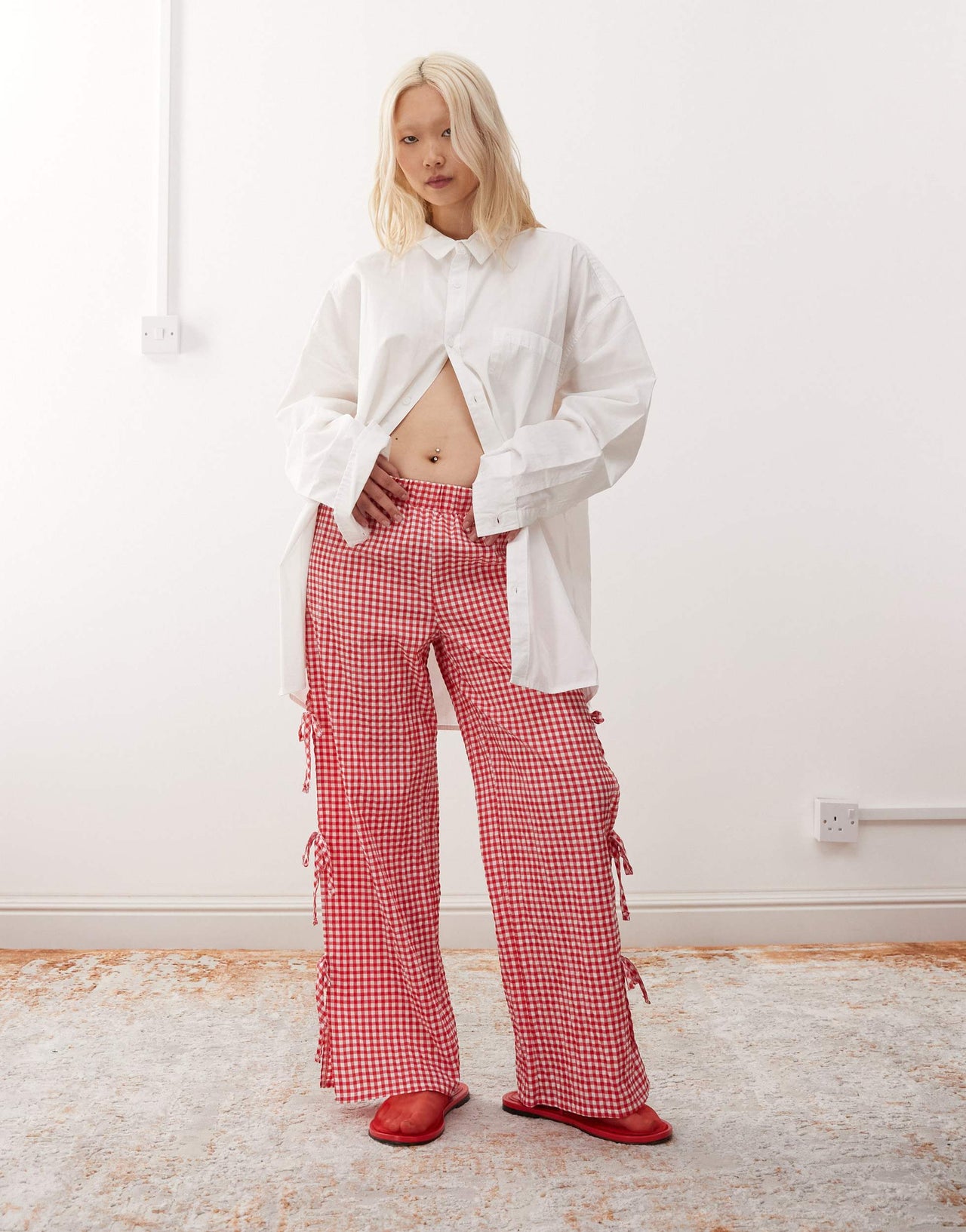 Noisy May Petite wide leg side tie detail trousers in red gingham