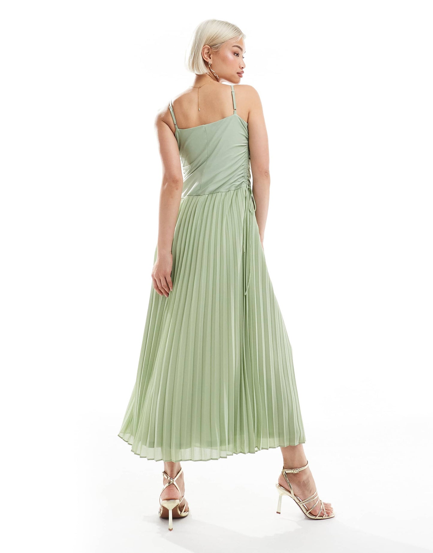 TFNC Bridesmaid cowl neck maxi dress with pleated skirt in sage green