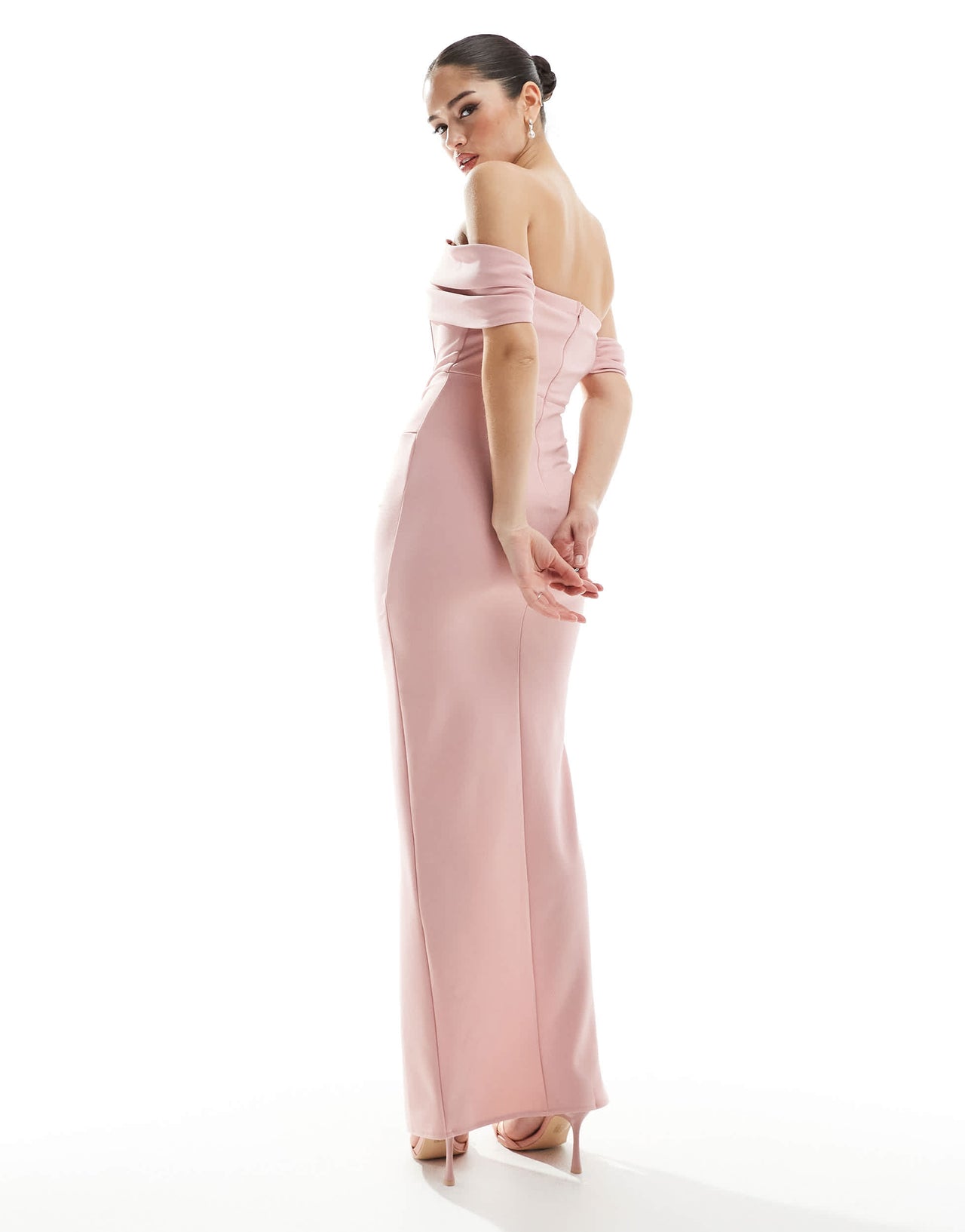 TFNC Bridesmaid fallen shoulder maxi dress with split in dusky pink
