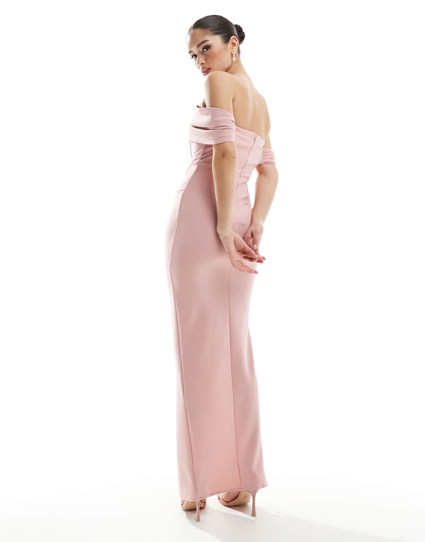 TFNC Bridesmaid fallen shoulder maxi dress with split in dusky pink