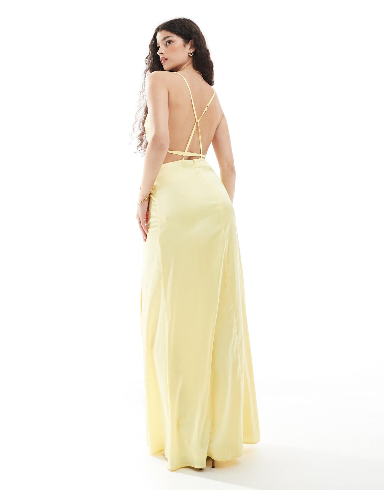 TFNC Bridesmaid satin maxi dress with minimal back detail in lemon