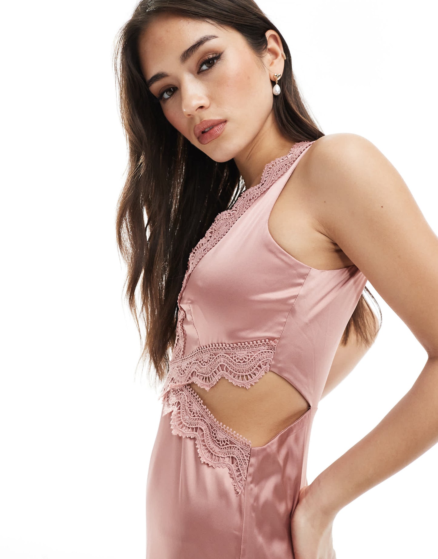 TFNC Bridesmaid satin maxi dress with scalloped lace detail in dusky pink