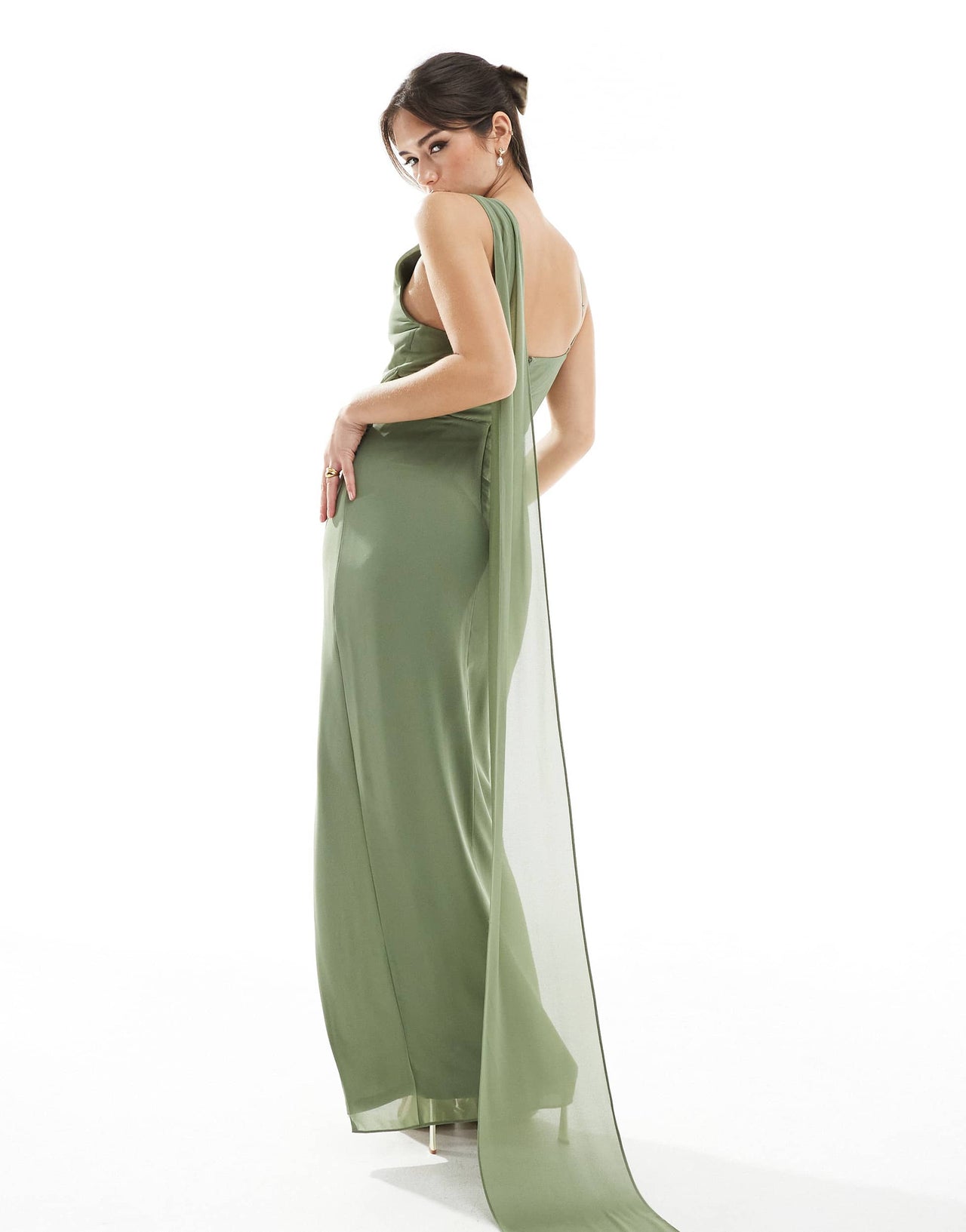TFNC Bridesmaid one shoulder maxi dress with twist front and scarf detail in dark green