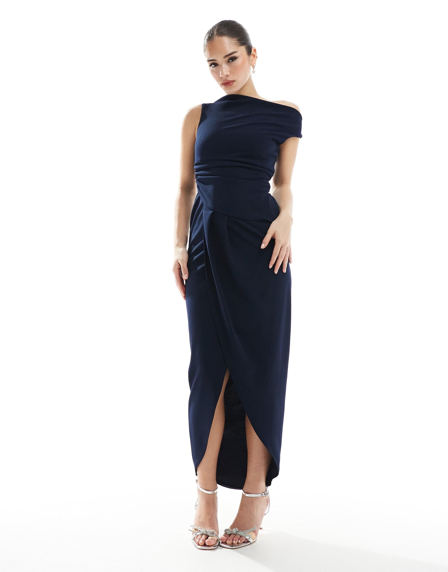 TFNC Bridesmaid slash neck maxi dress with ruching detail in navy