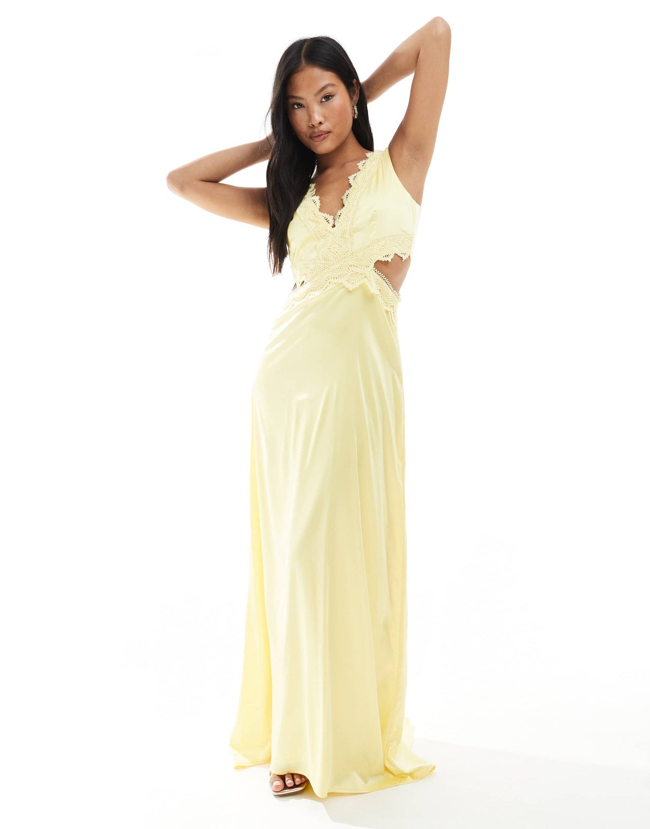 TFNC Petite Bridesmaid satin maxi dress with scalloped lace detail in lemon