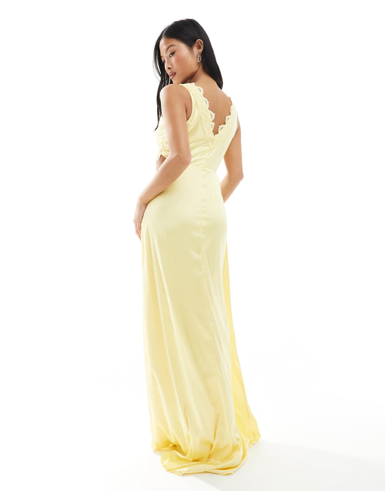 TFNC Petite Bridesmaid satin maxi dress with scalloped lace detail in lemon